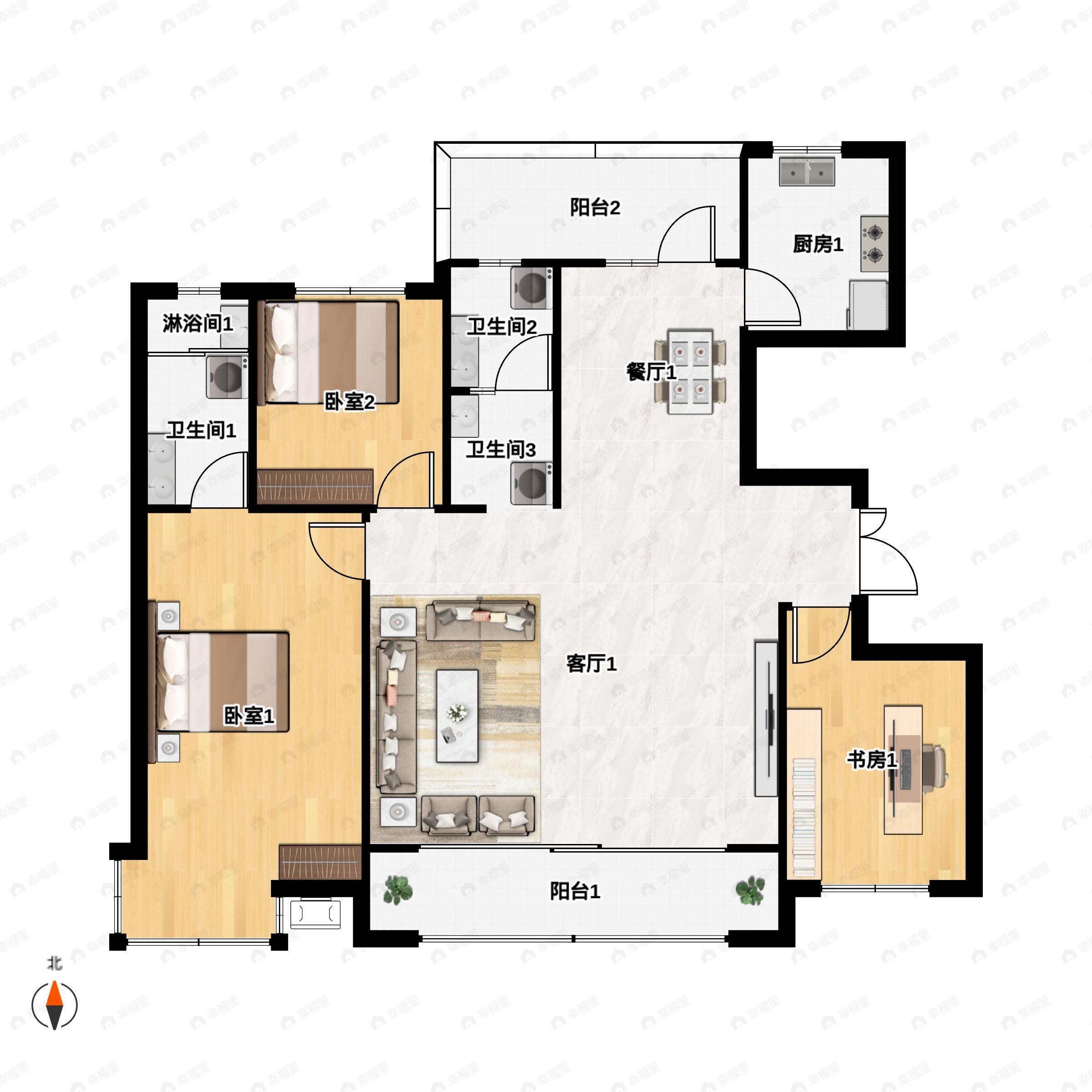 3室2厅2卫建面143m²北|南户型图
