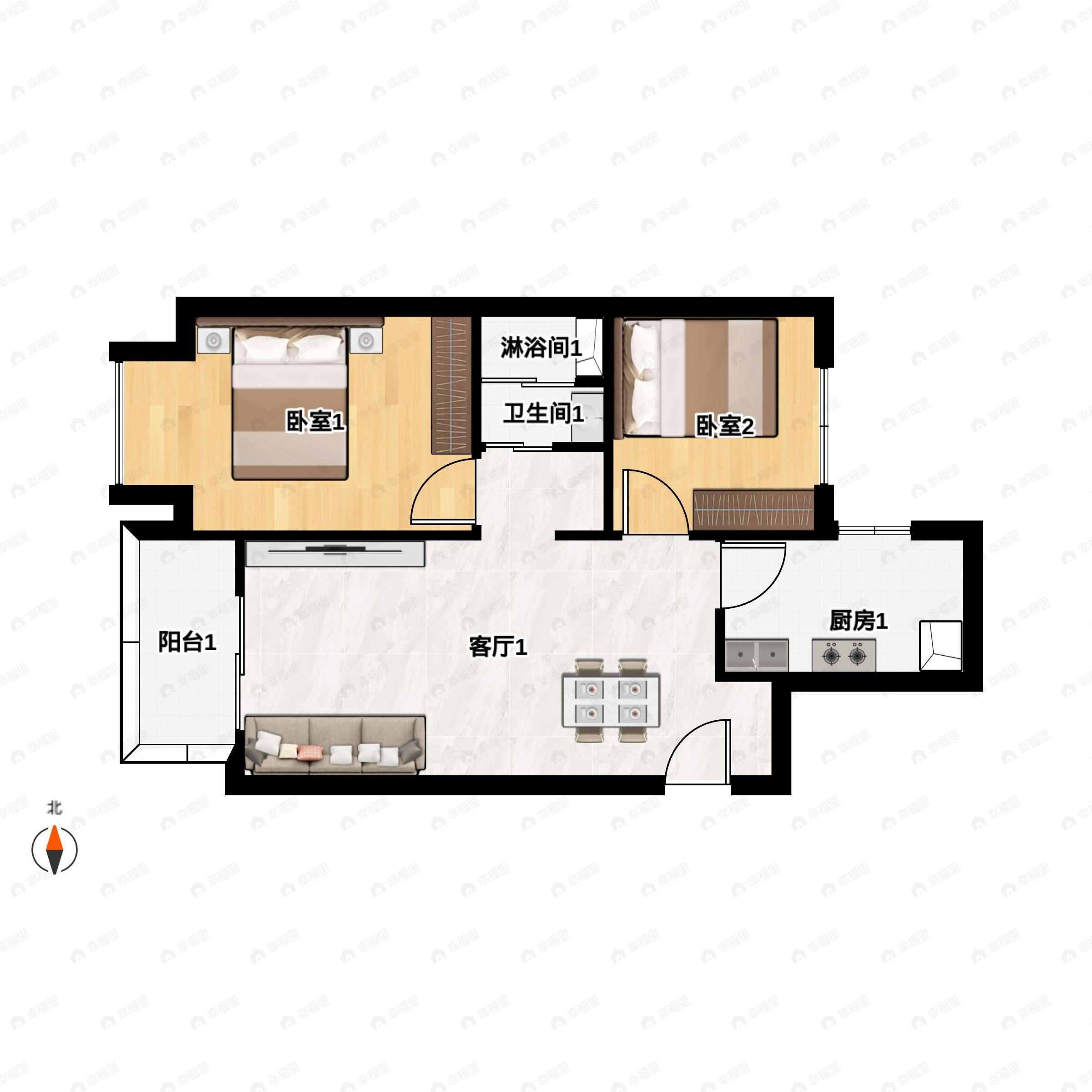 2室2厅1卫建面78平户型图