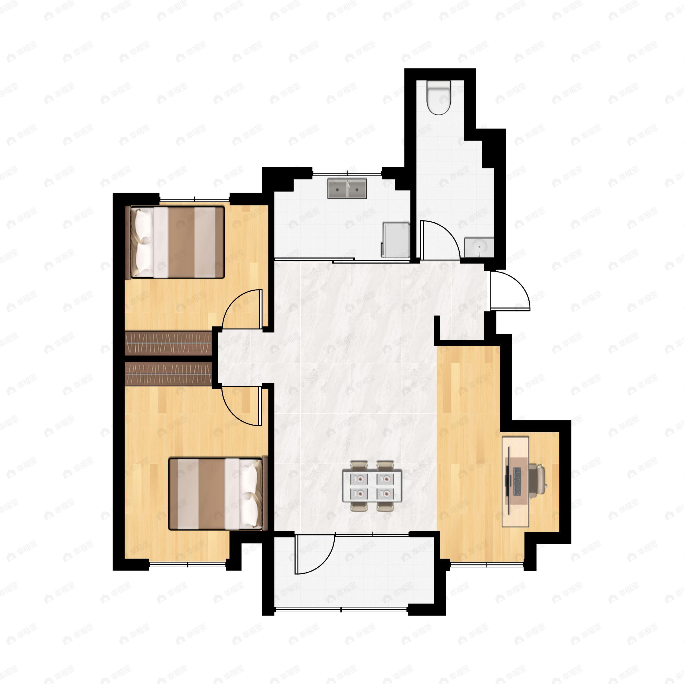 2室2厅1卫建面87平北|南户型图