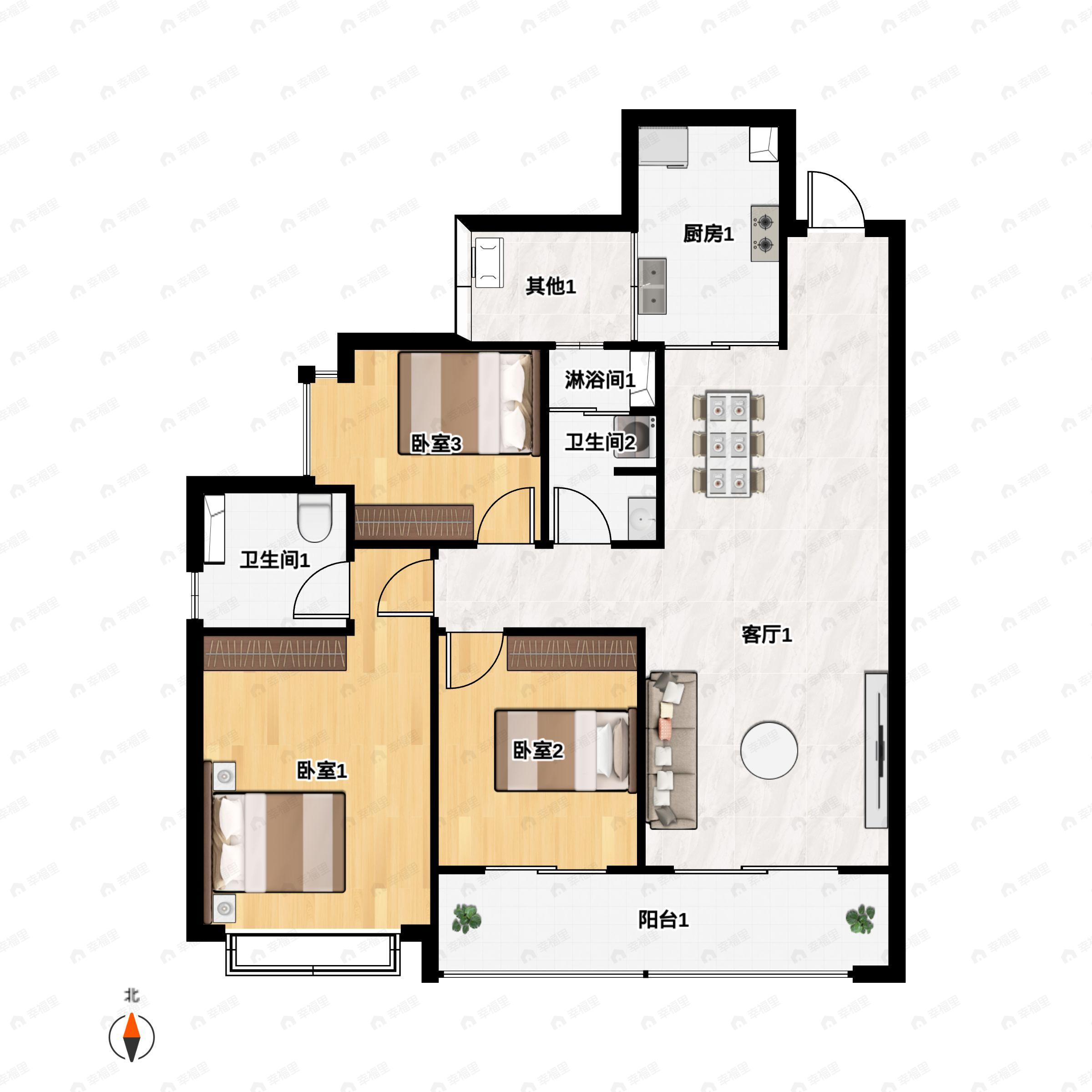 3室2厅2卫建面111m²北|南户型图