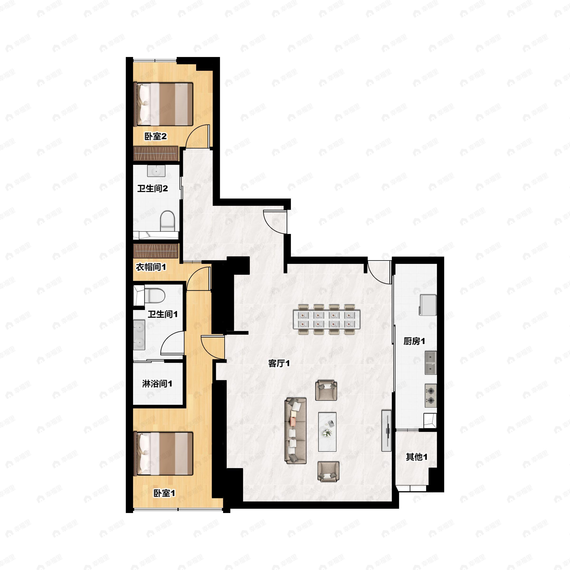 2室2厅2卫建面247m²南户型图