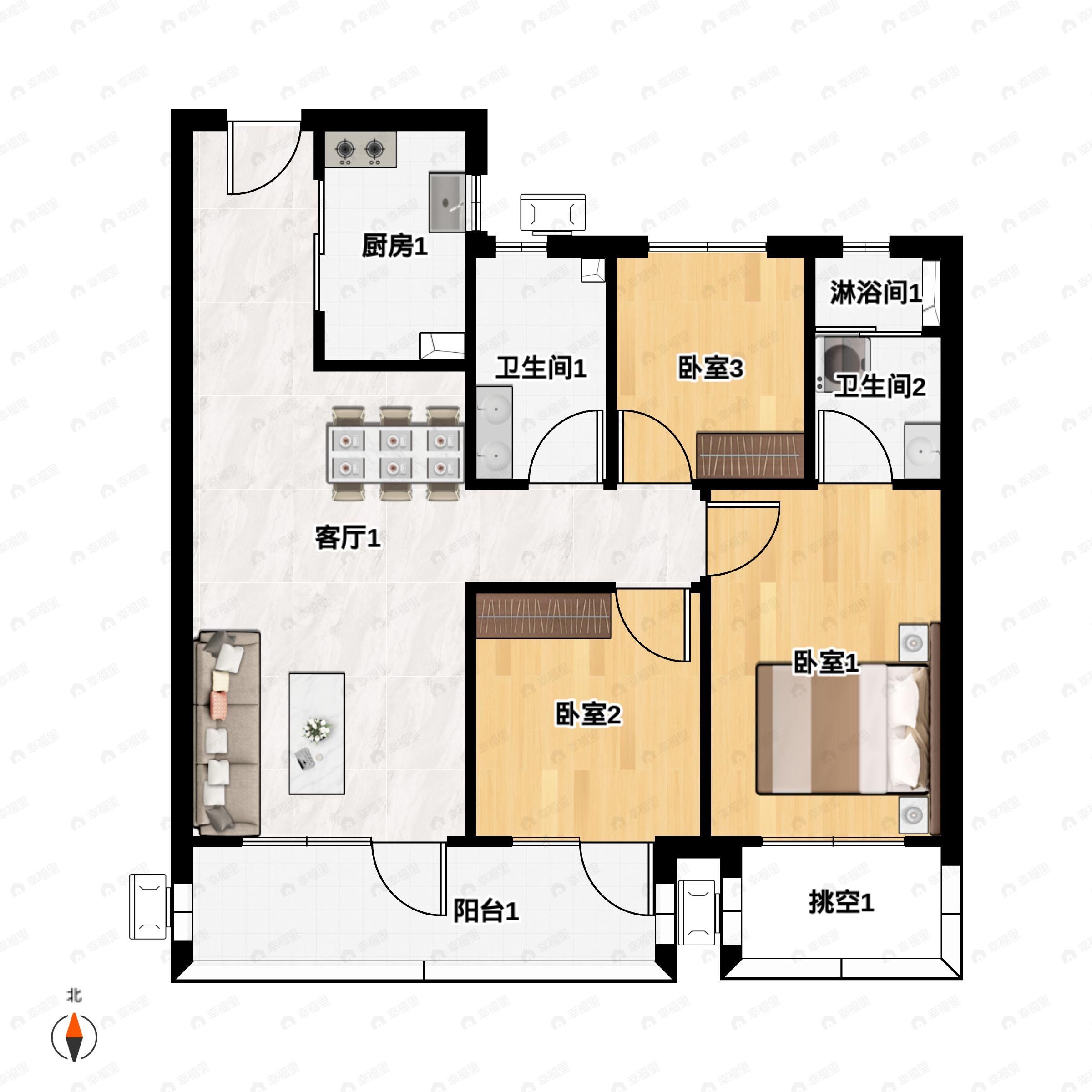 3室2厅2卫建面105平户型图