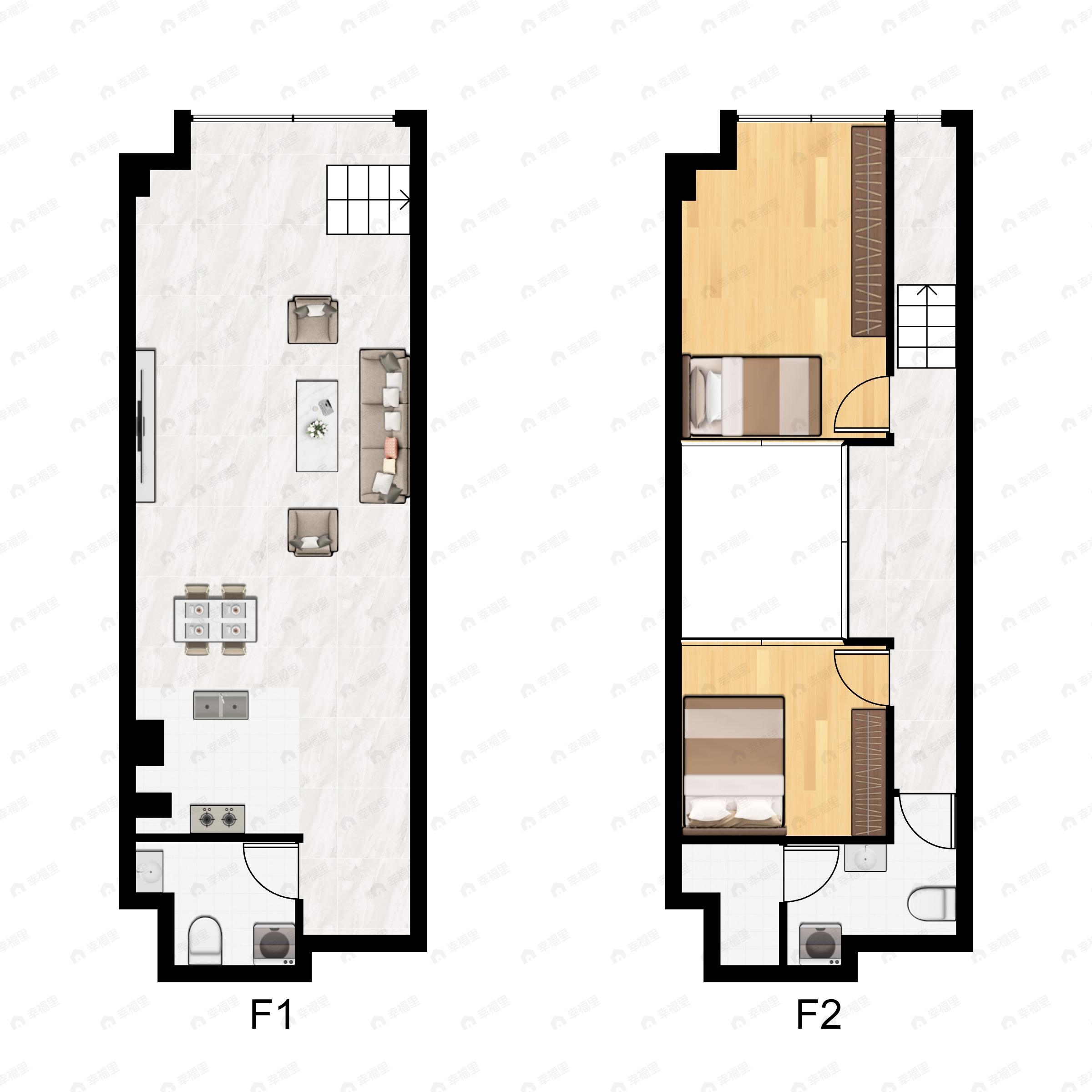 2室2厅2卫建面62平南|北户型图