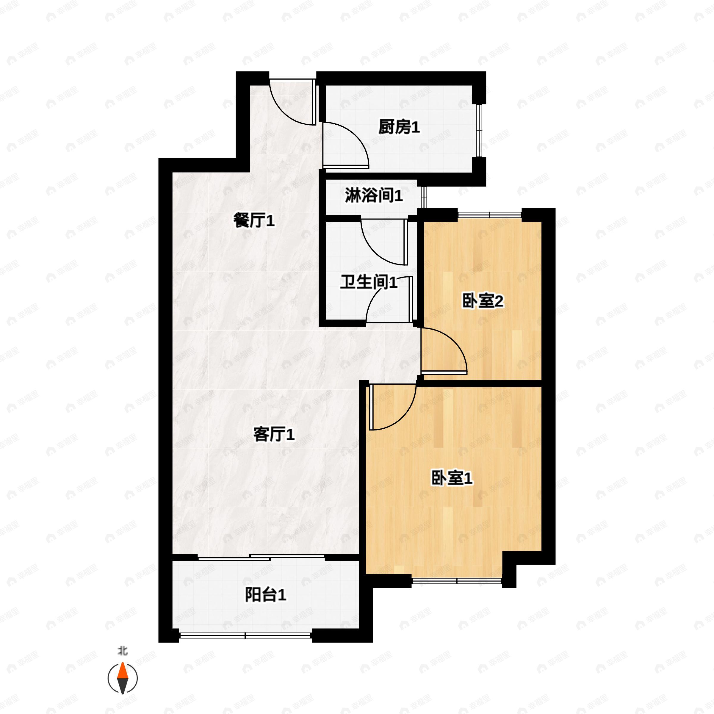 2室2厅1卫建面89m²南户型图