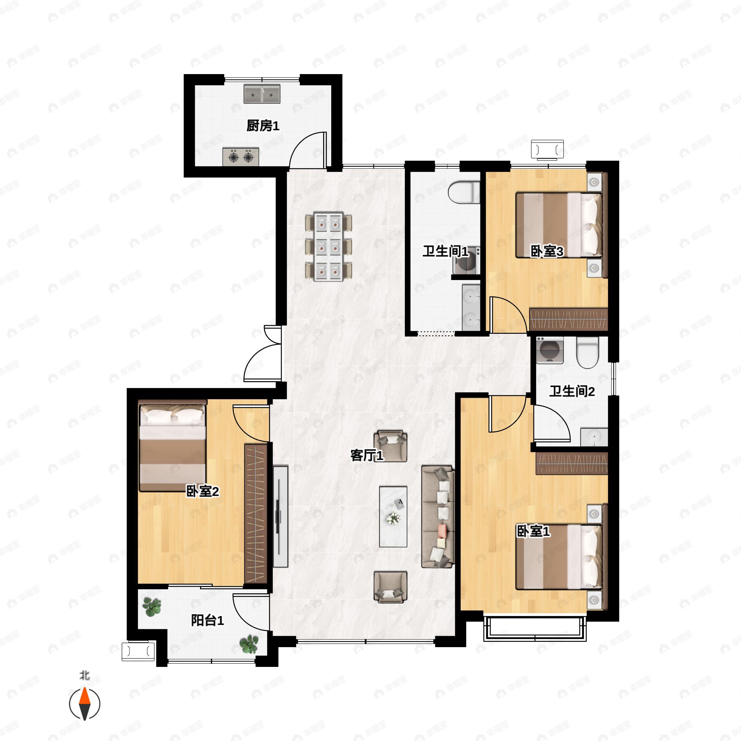 3室2厅2卫建面144m²户型图