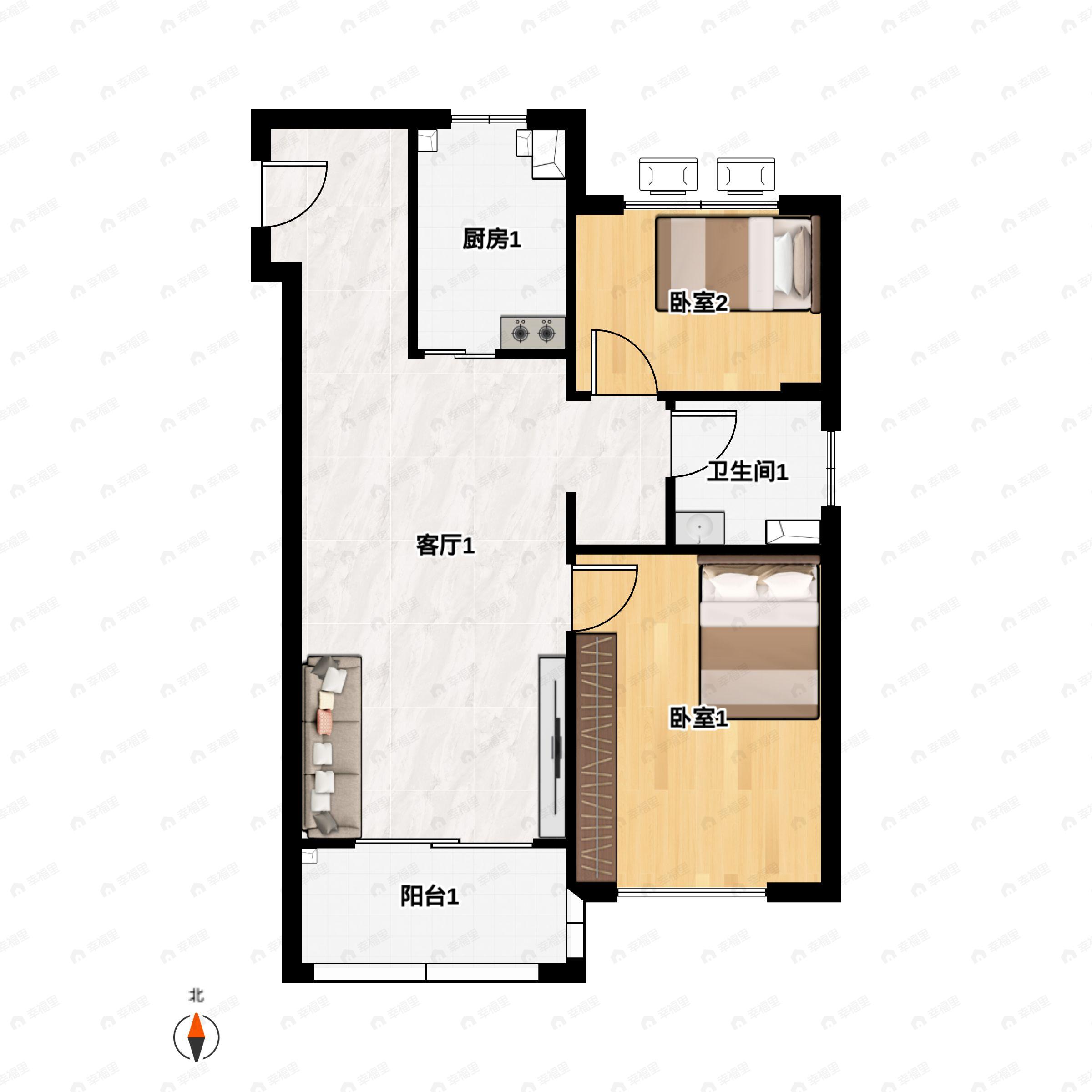2室2厅1卫建面70m²南户型图