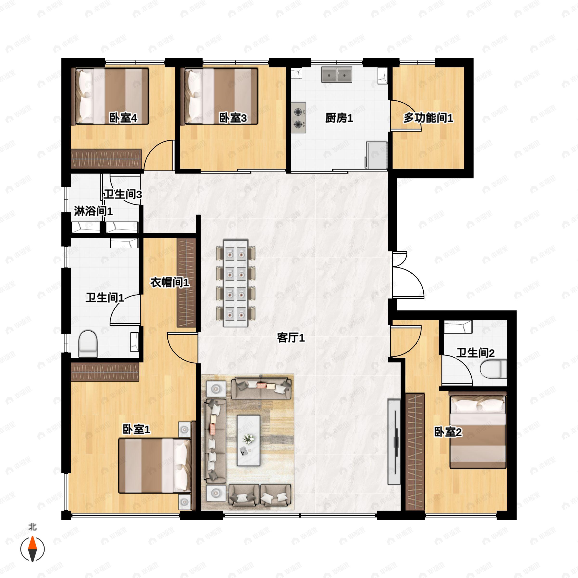 4室2厅3卫建面231m²南|北户型图