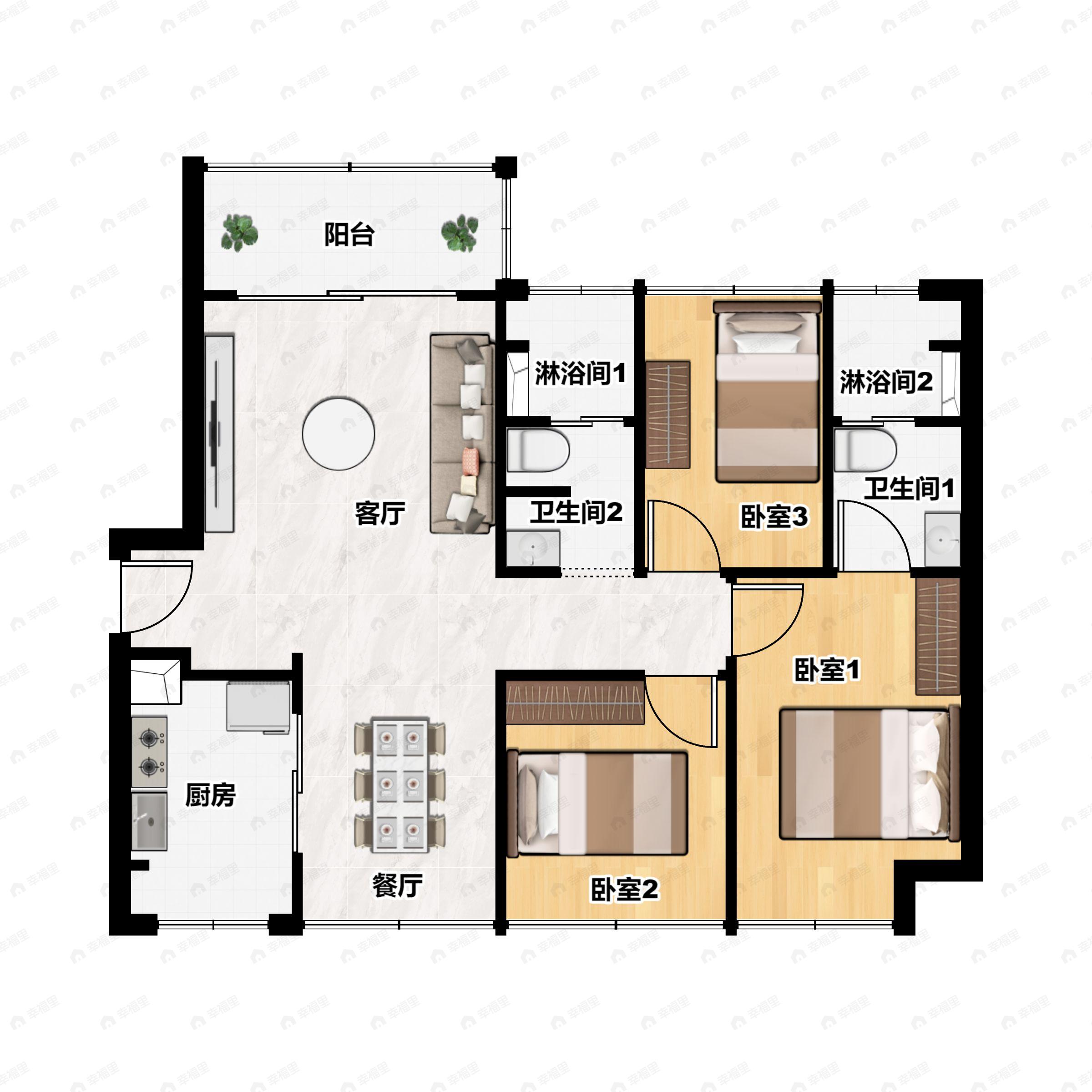 3室2厅2卫建面95平户型图
