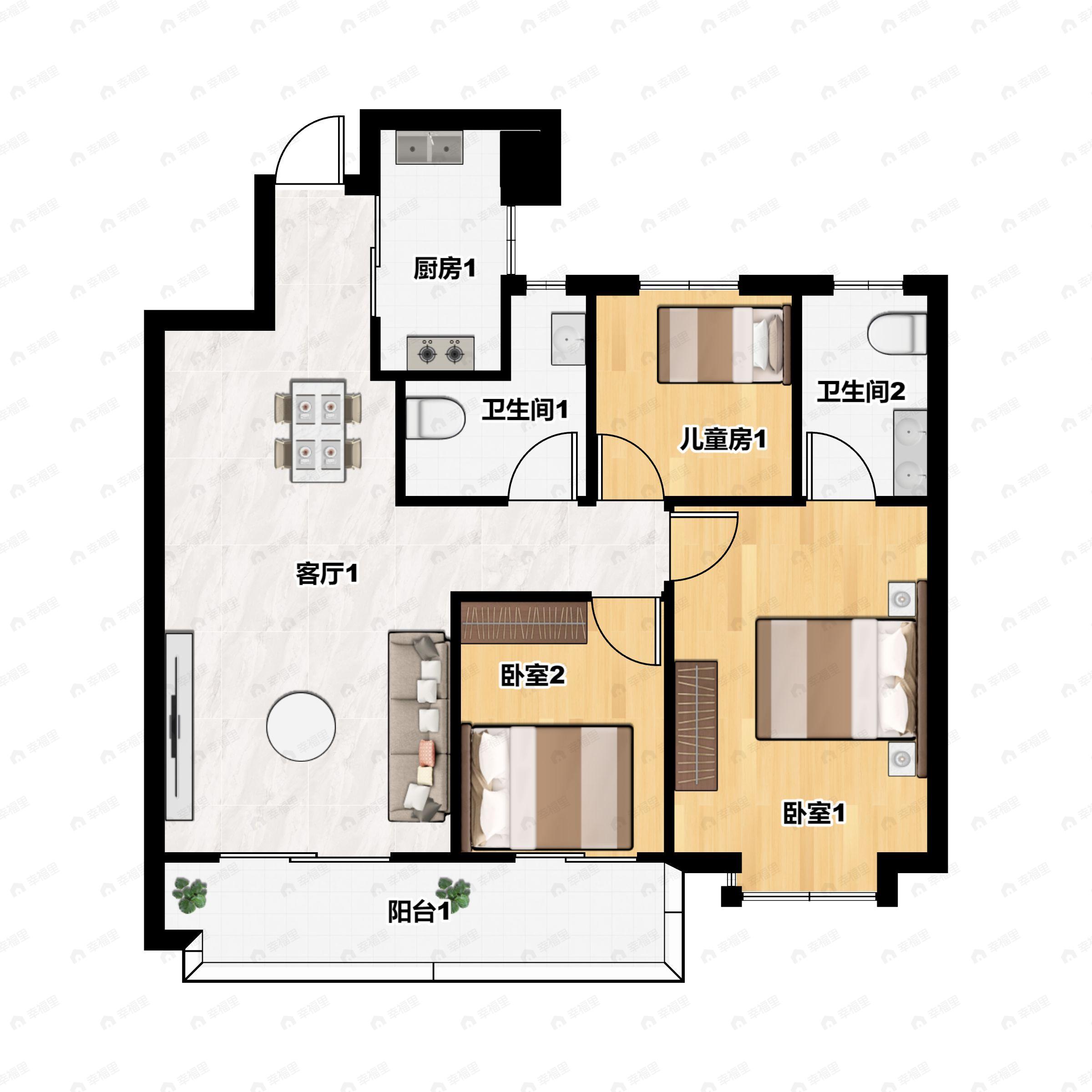 3室2厅2卫建面106平南户型图
