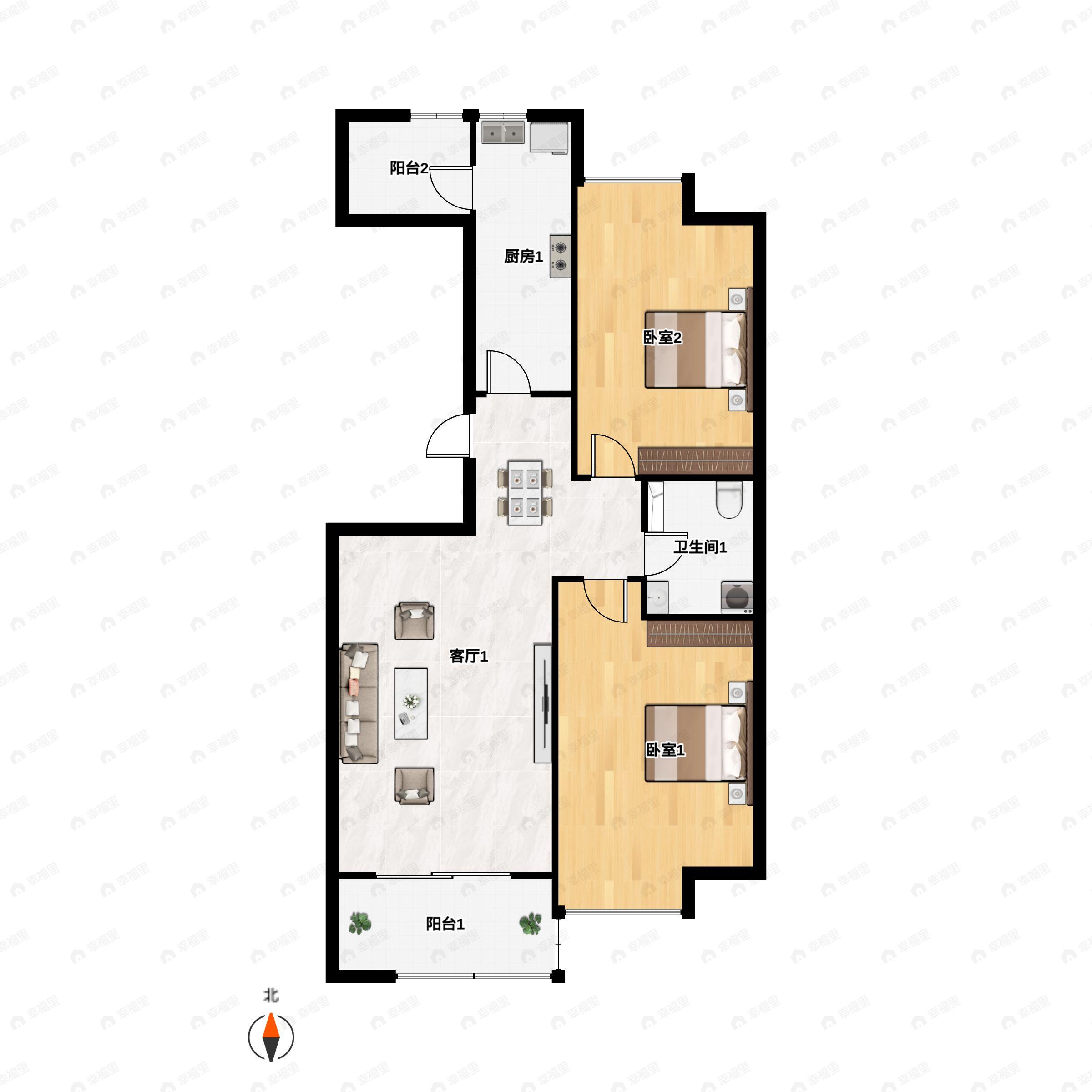 2室2厅1卫建面100m²东户型图