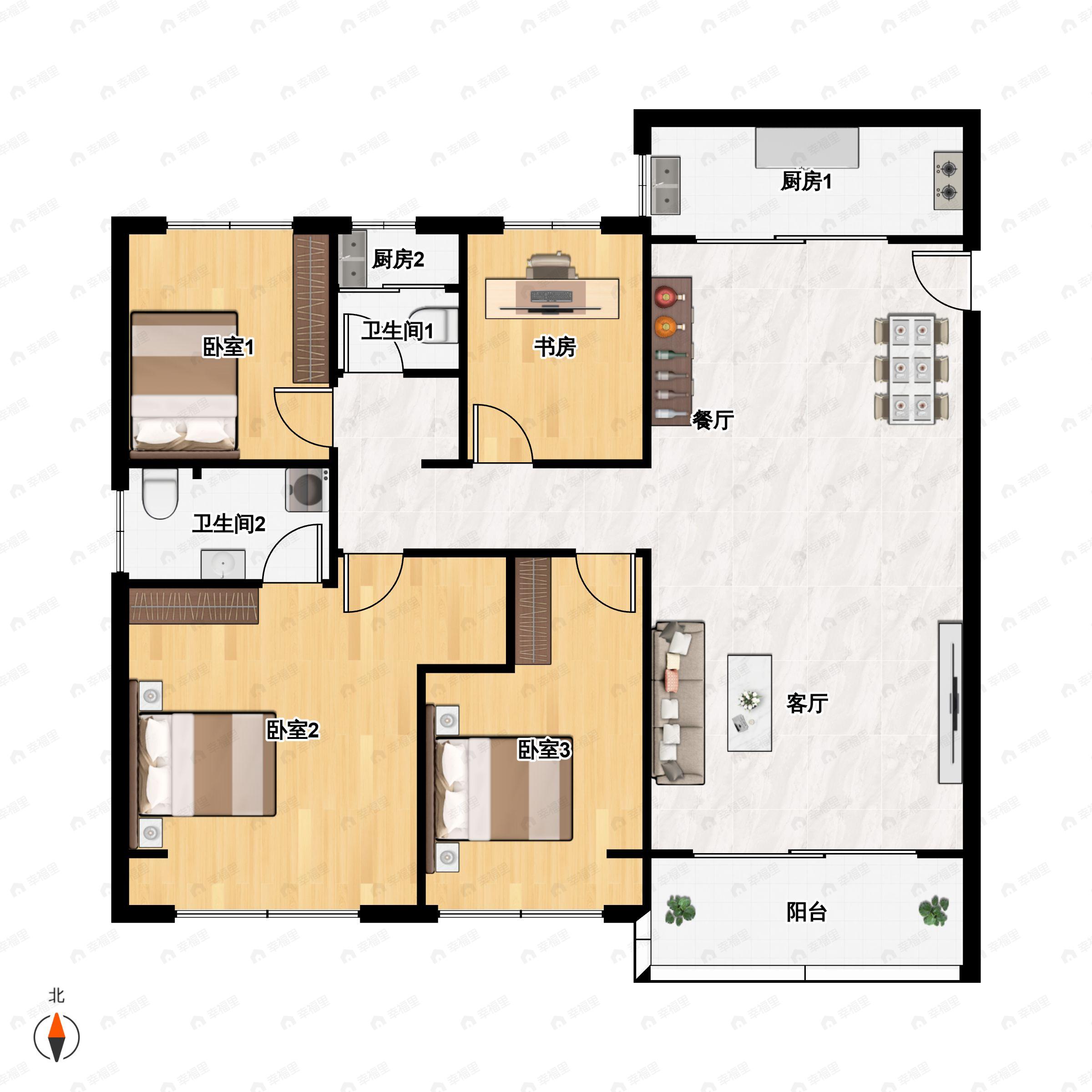 4室2厅2卫建面127平南户型图