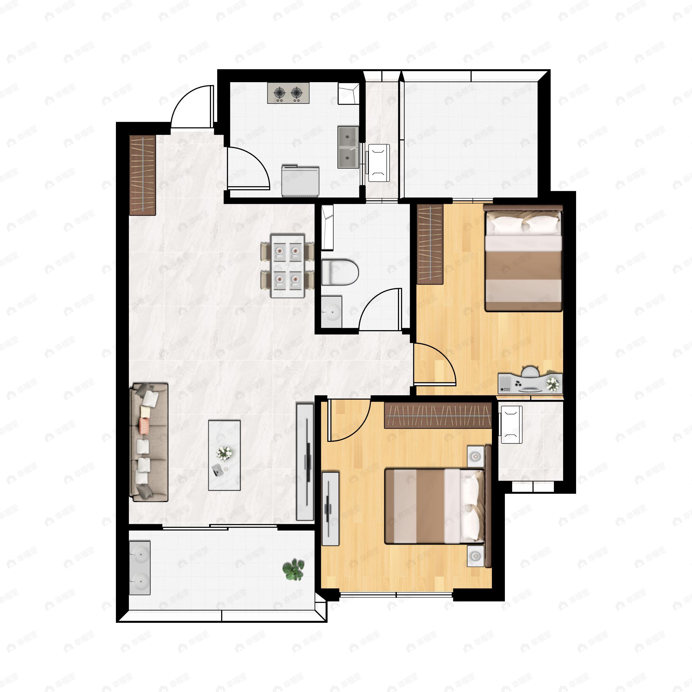 2室2厅1卫建面65m²南|北户型图