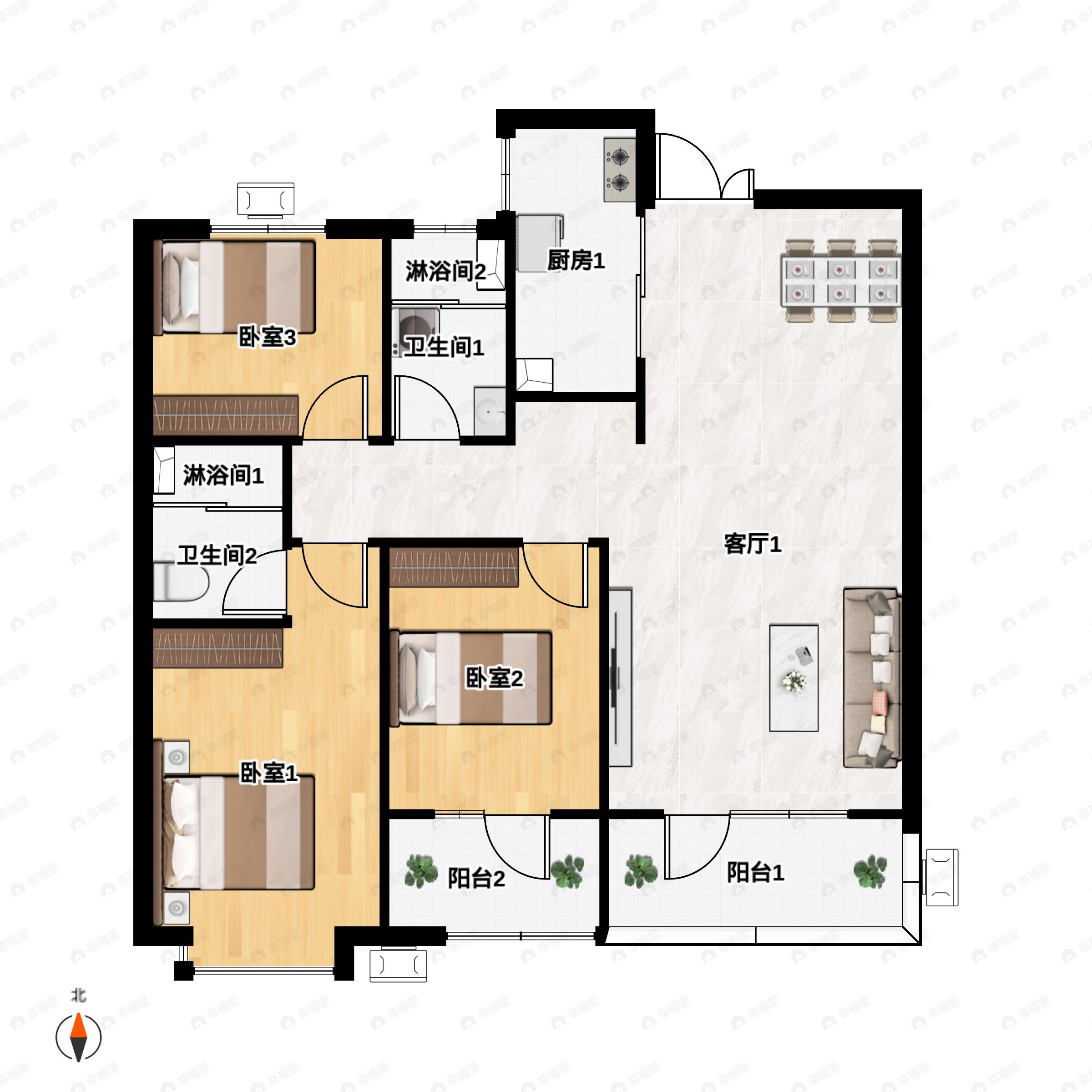 3室2厅2卫建面116平南|北户型图