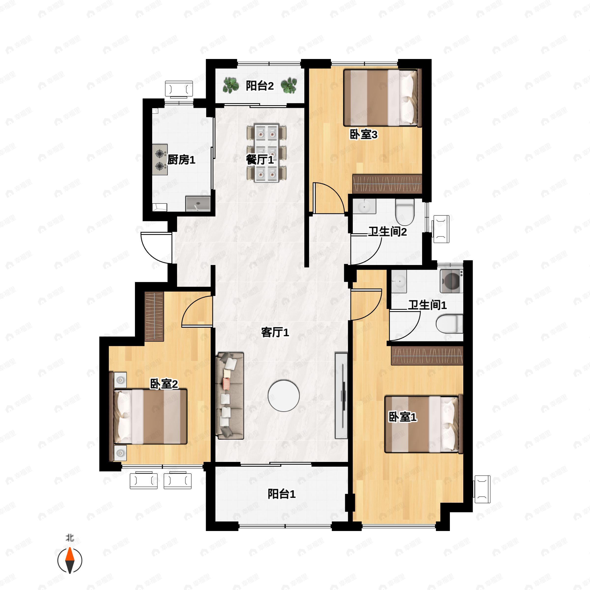 3室2厅2卫建面128m²南户型图
