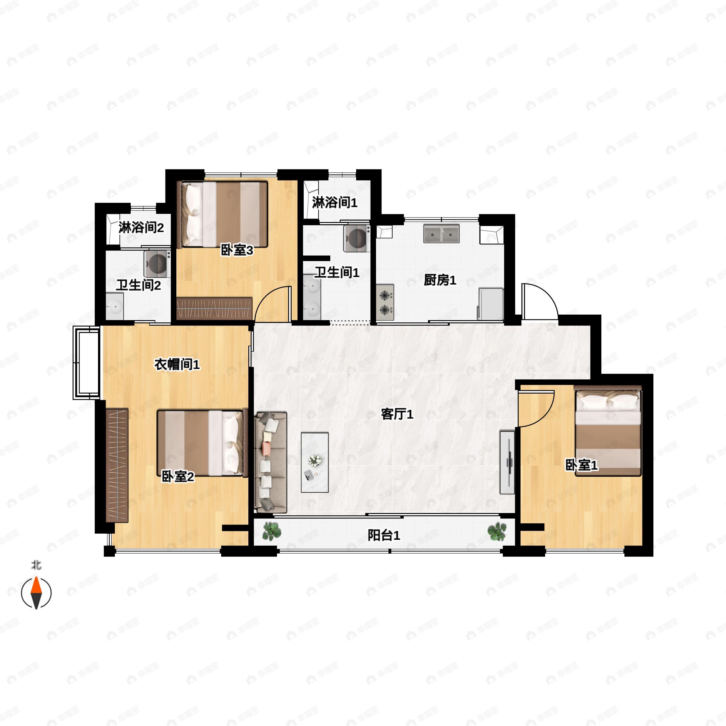 3室2厅2卫建面128平户型图