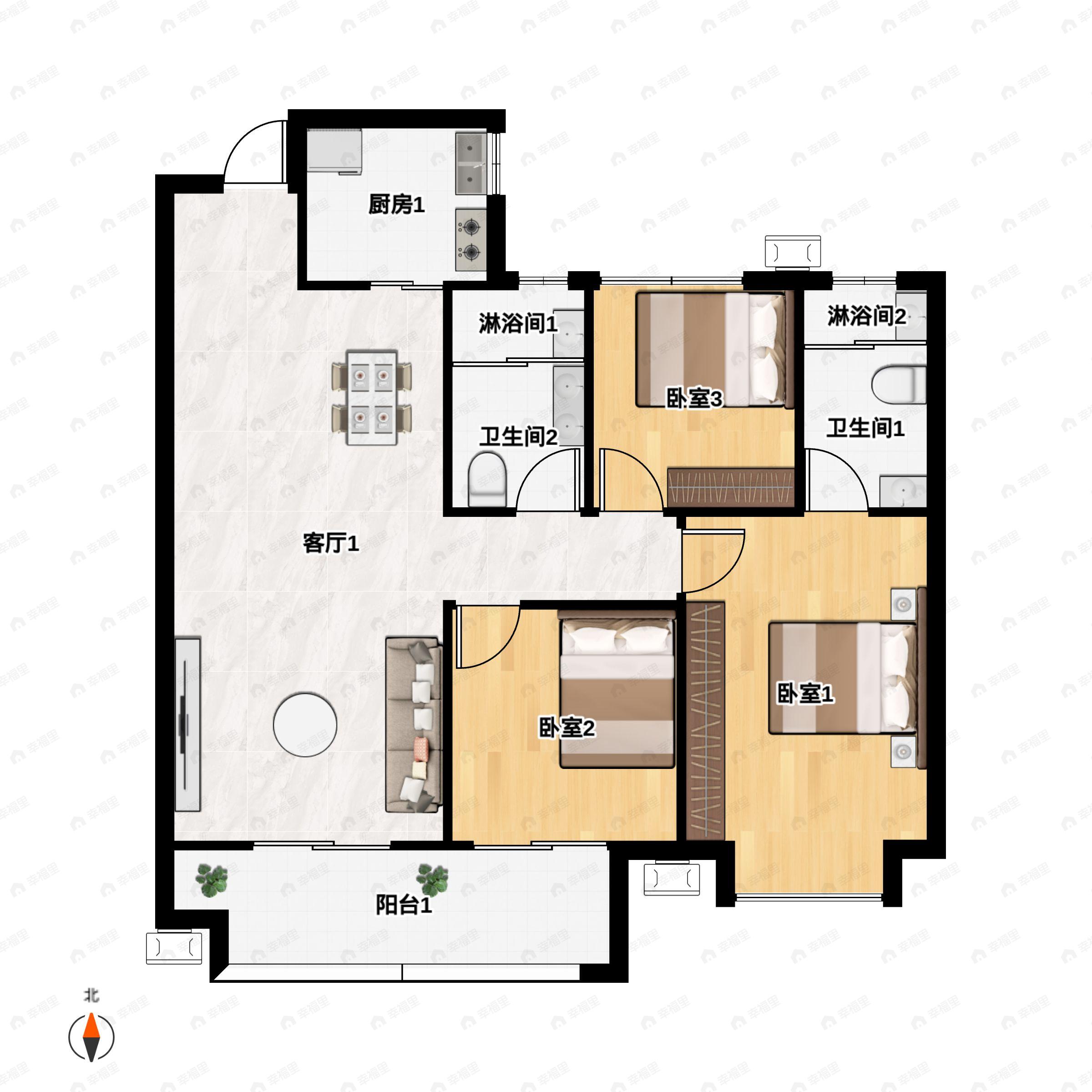 3室2厅2卫建面108m²南户型图