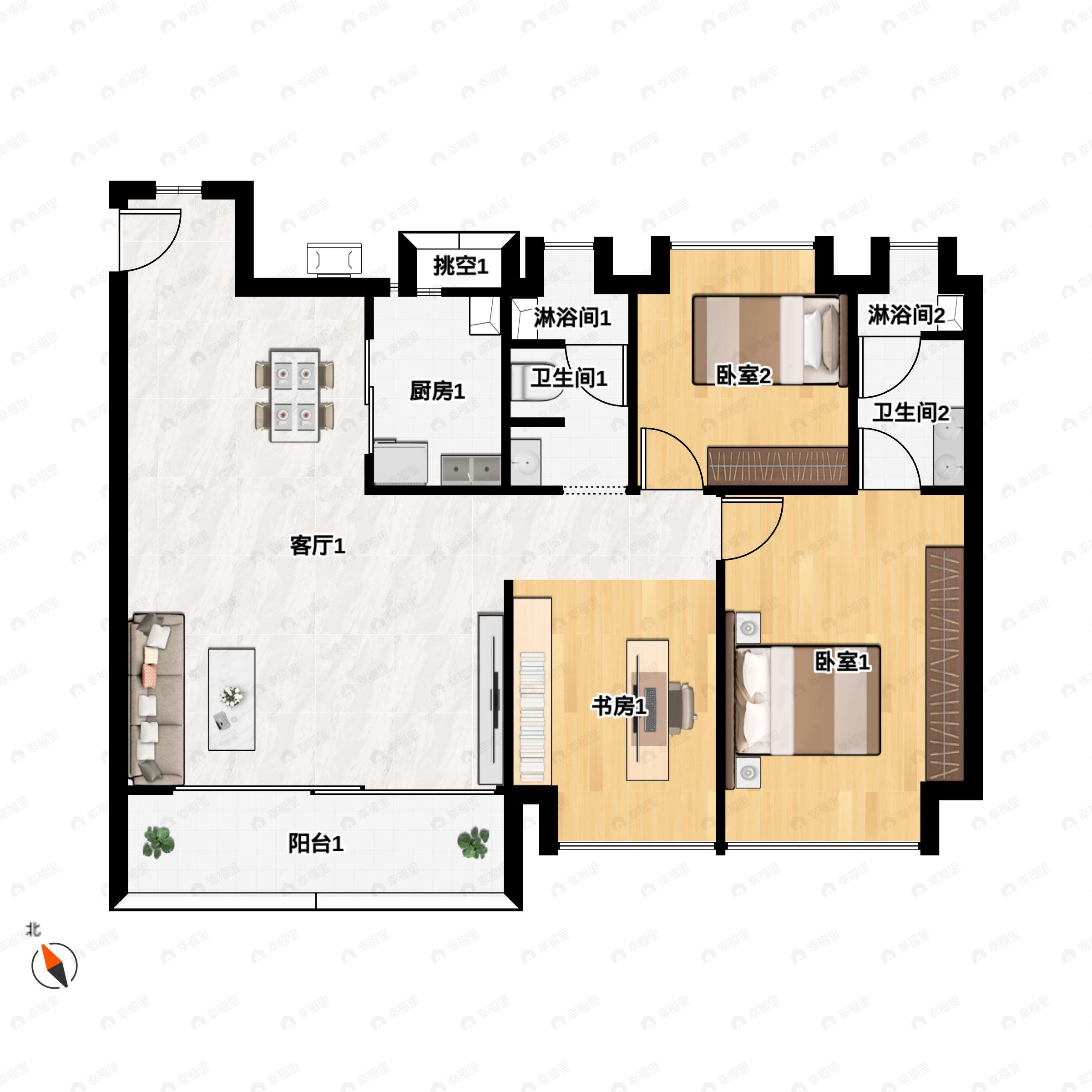 3室2厅2卫建面125m²南|北户型图
