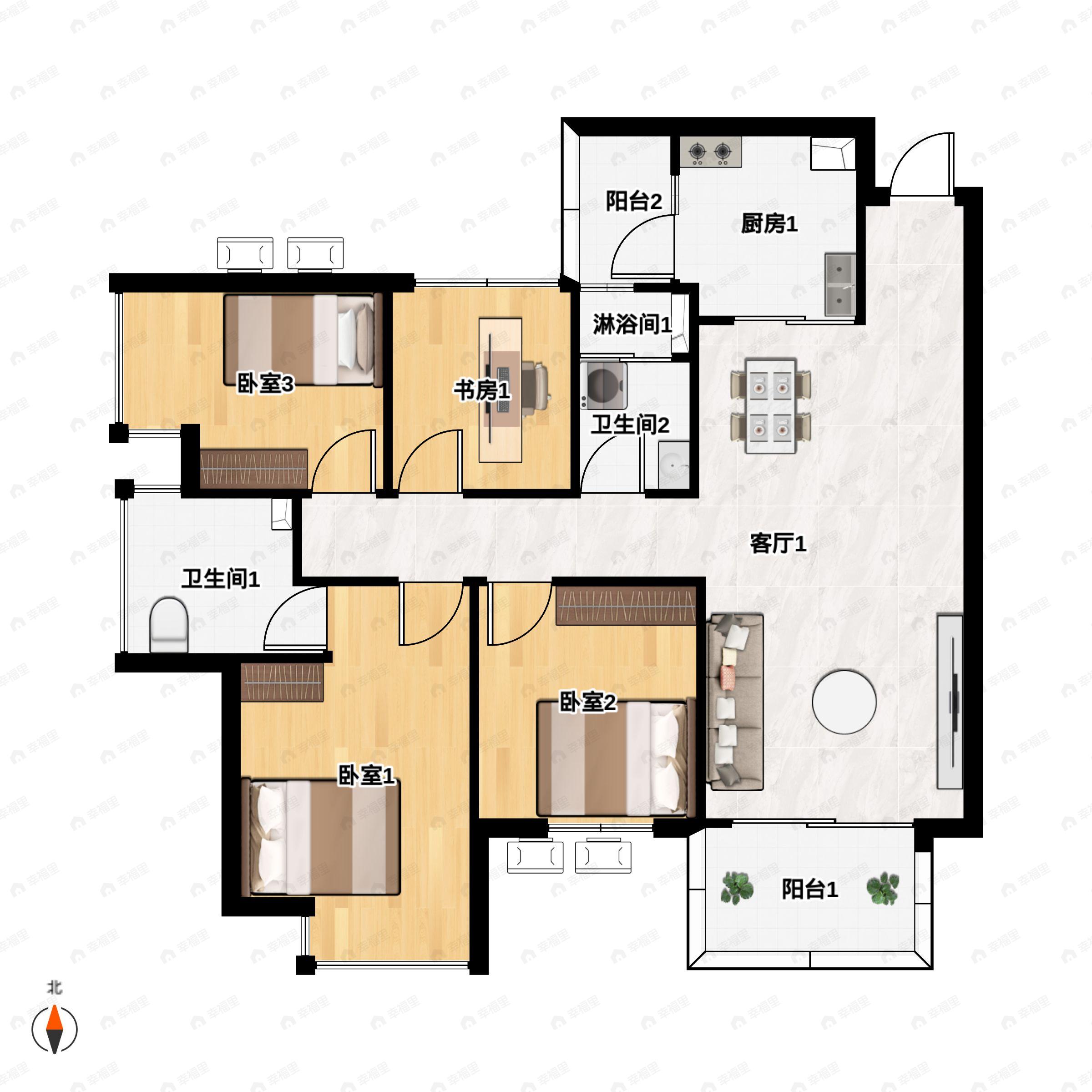 4室2厅2卫建面125m²南户型图