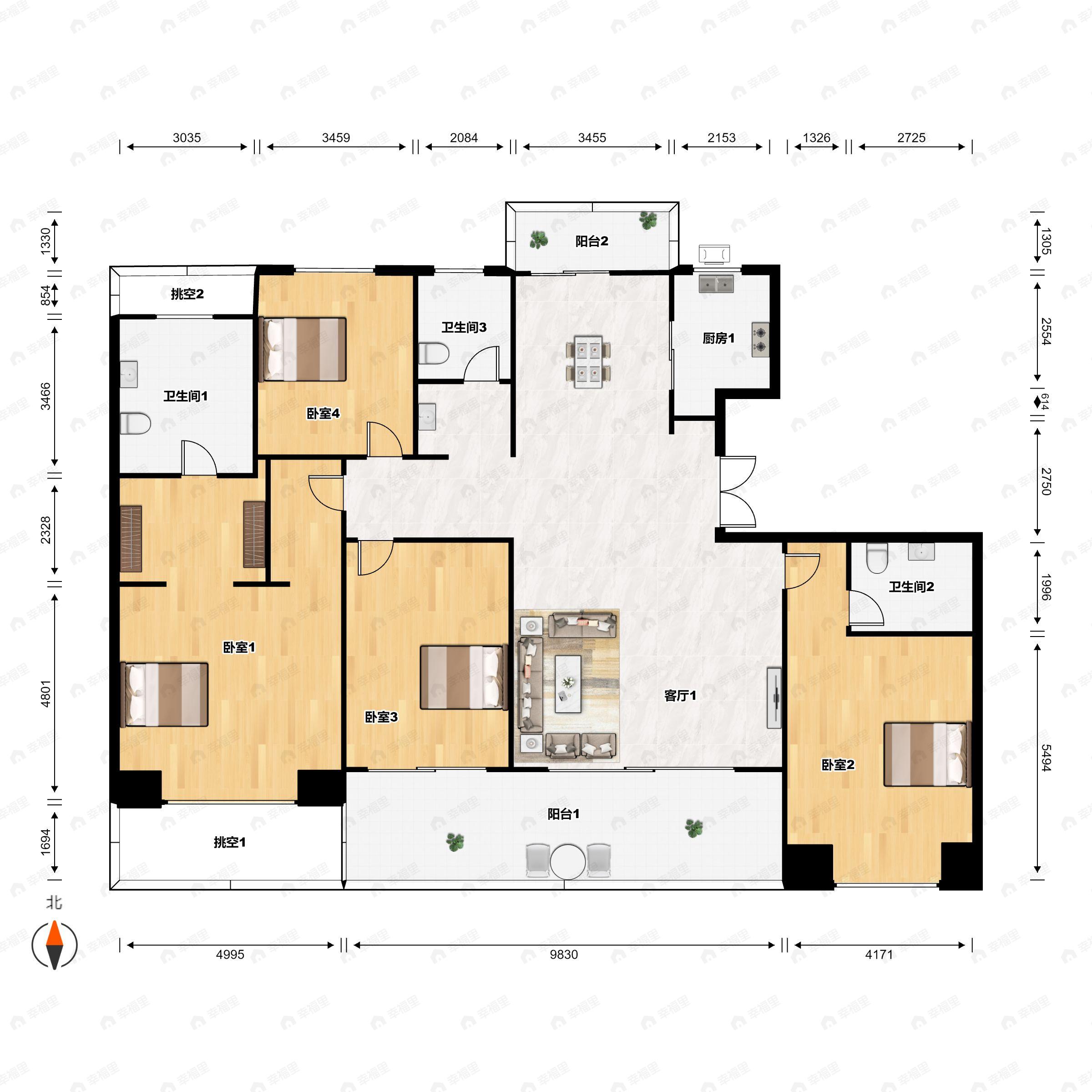 4室2厅3卫建面190平南户型图