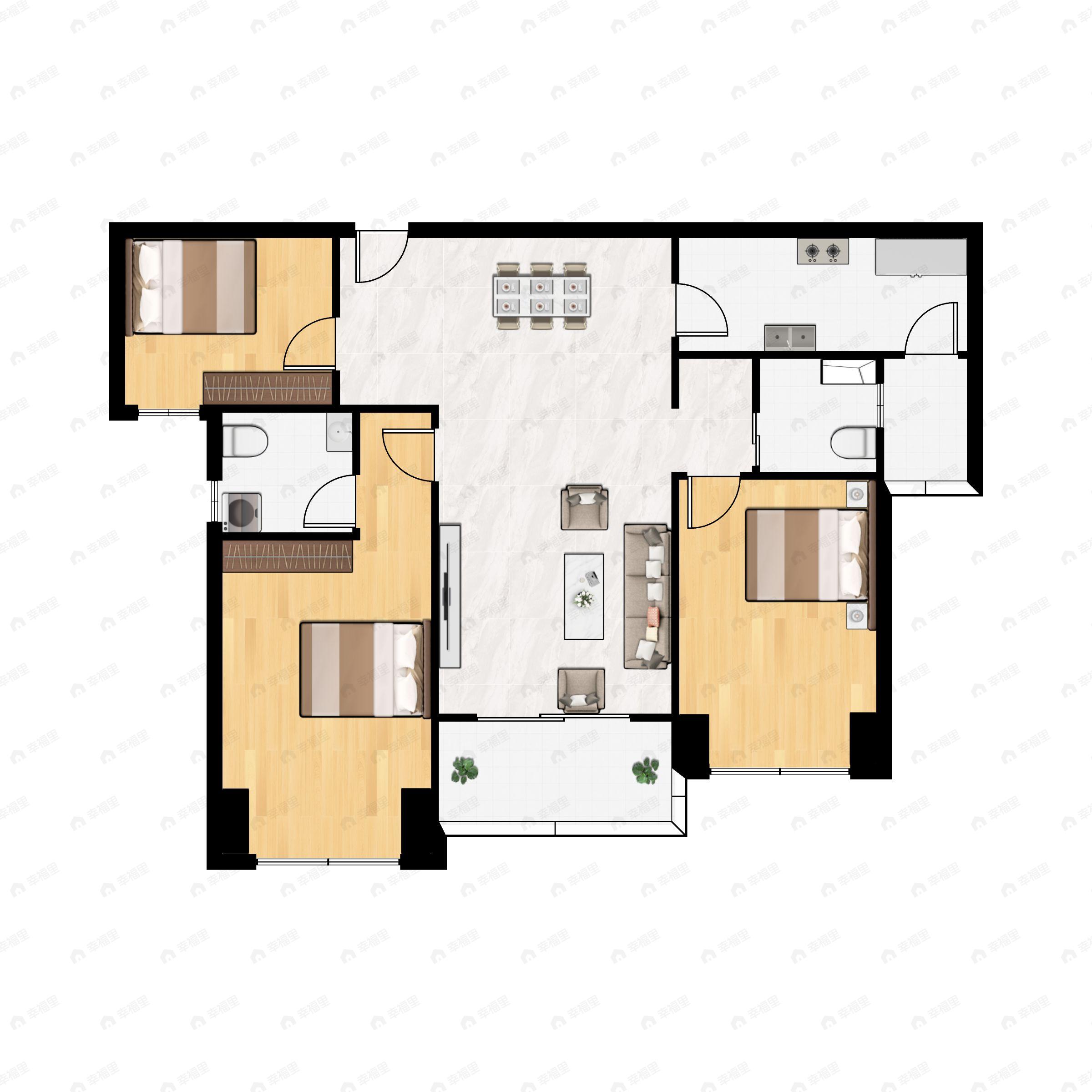 3室2厅2卫建面102平户型图