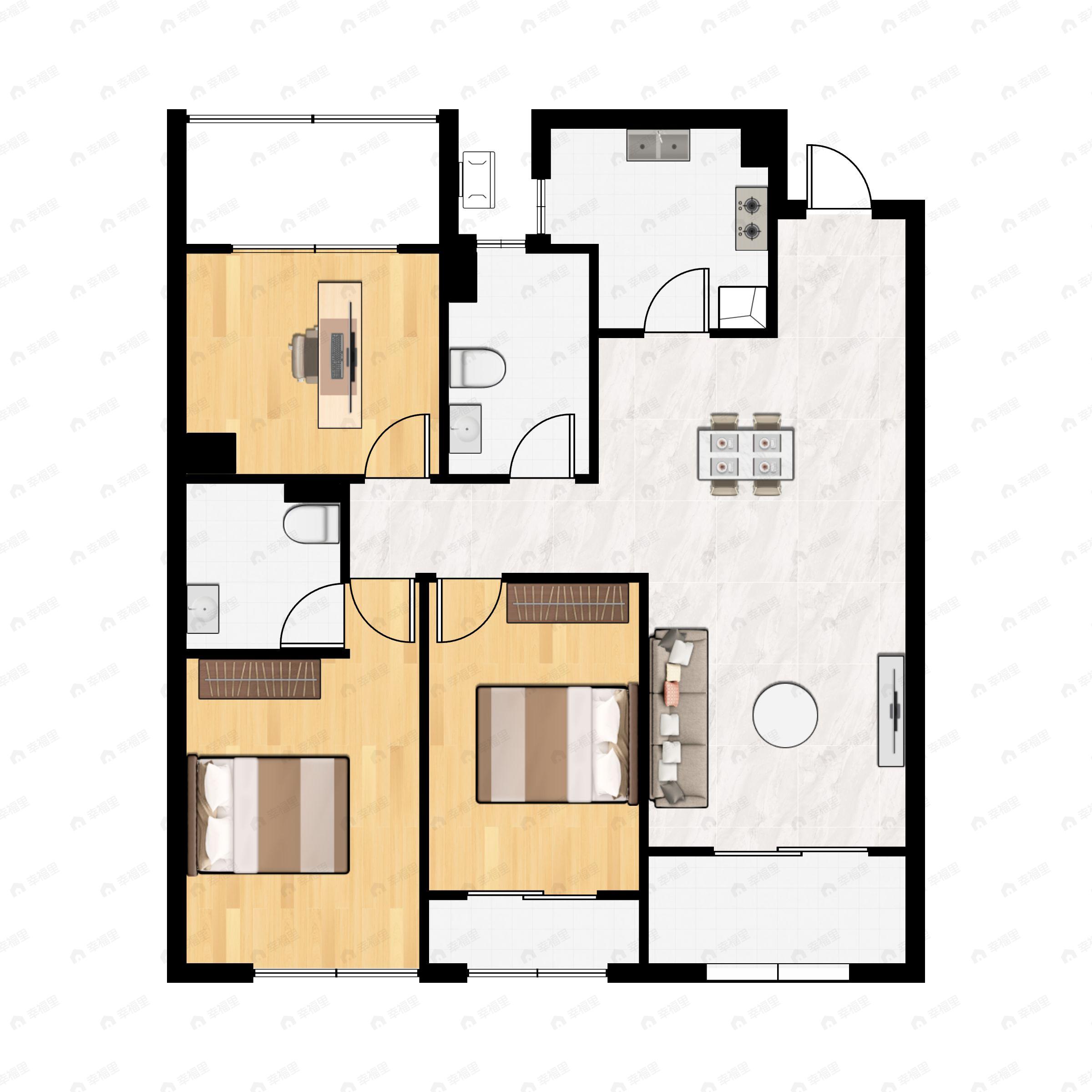 3室2厅2卫建面89m²北|南户型图