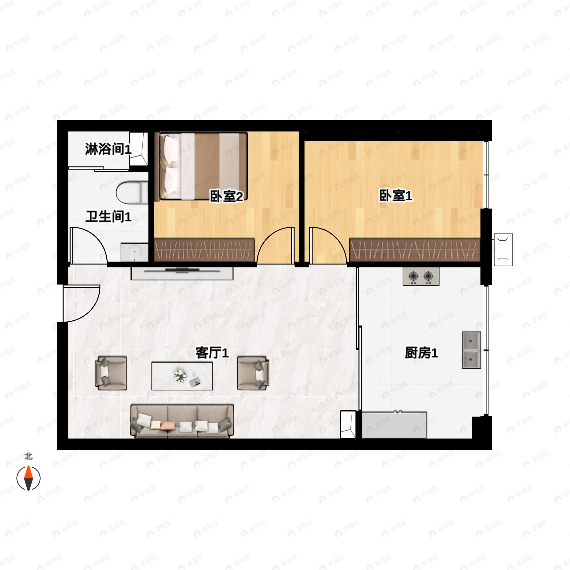 2室2厅1卫建面80平户型图