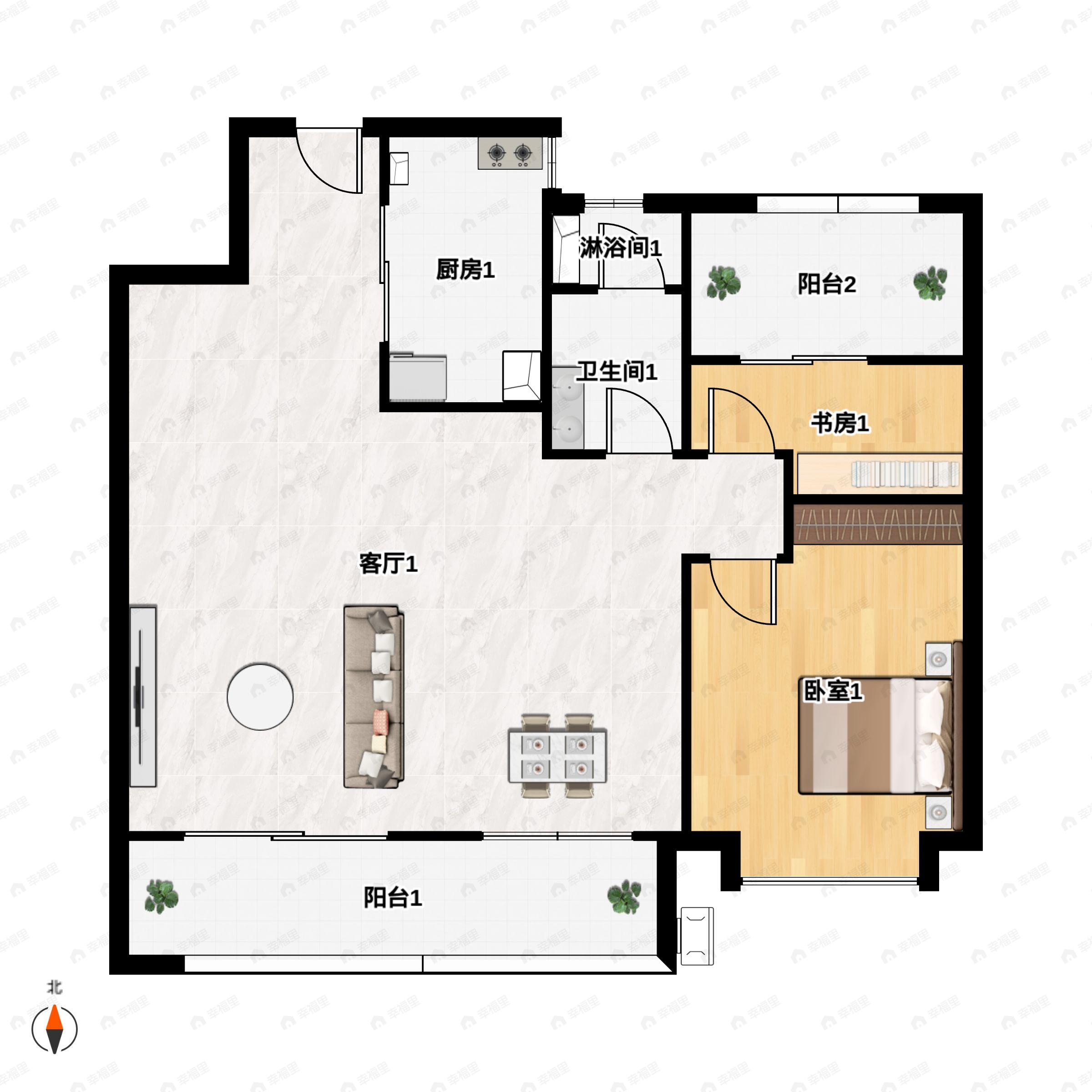 2室2厅1卫建面95平南户型图