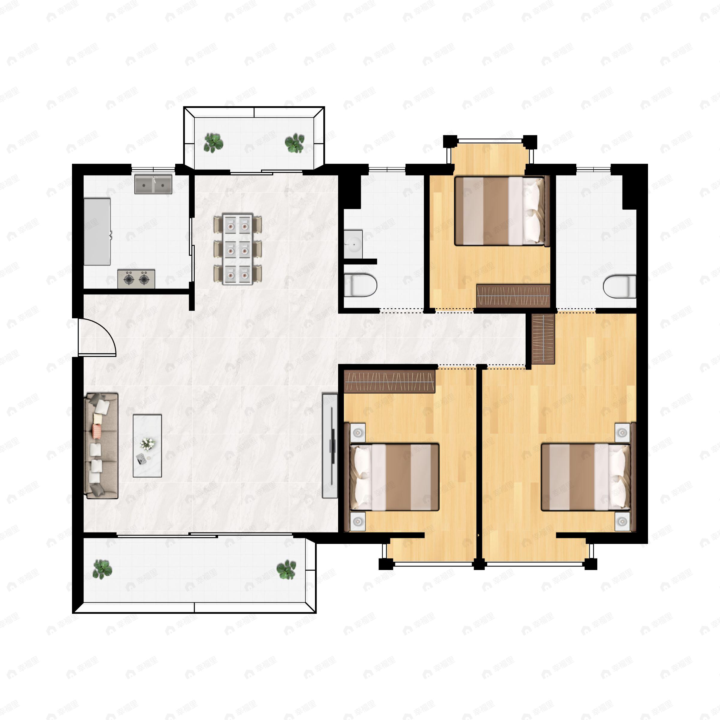3室2厅2卫建面127m²南户型图