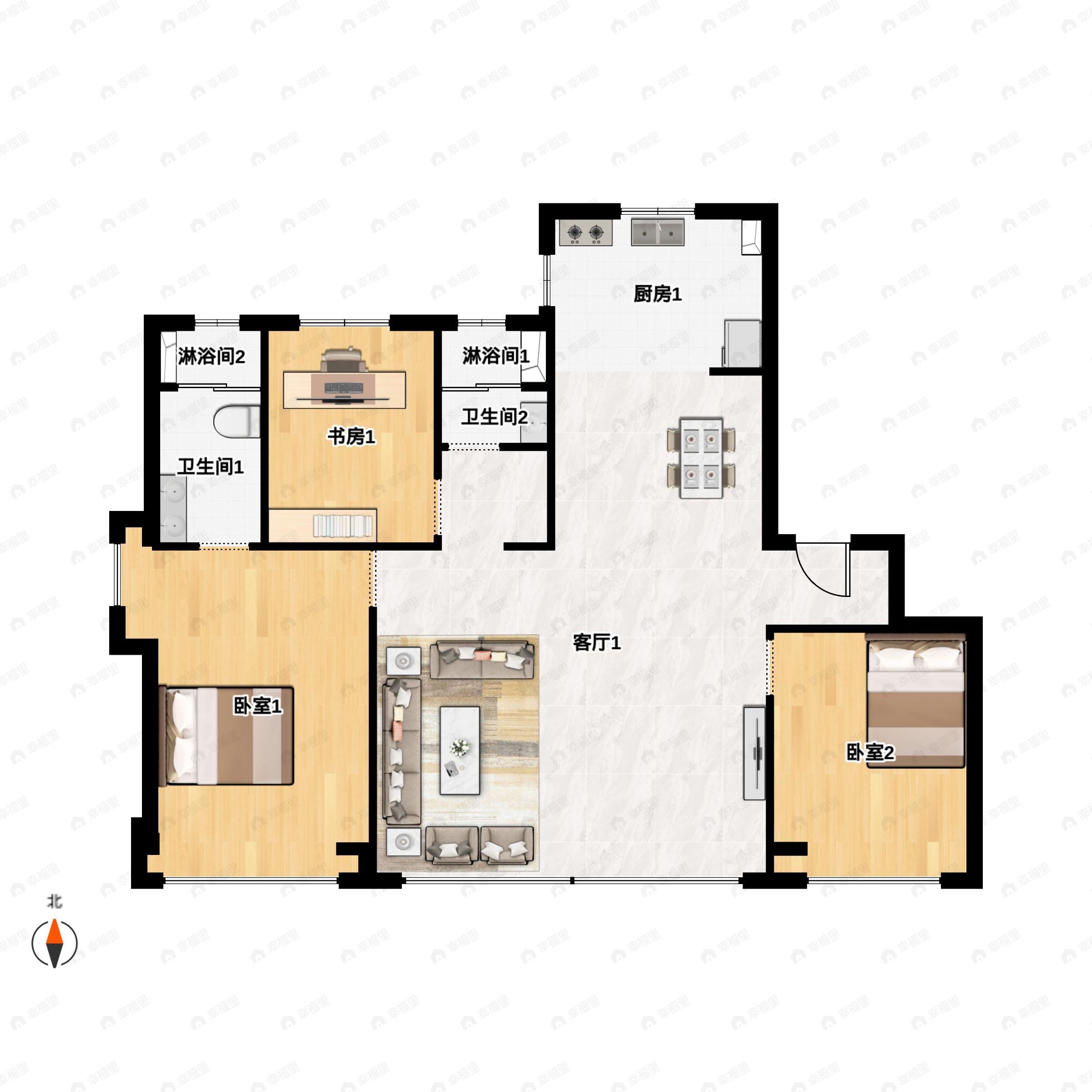 3室2厅2卫建面143m²南户型图