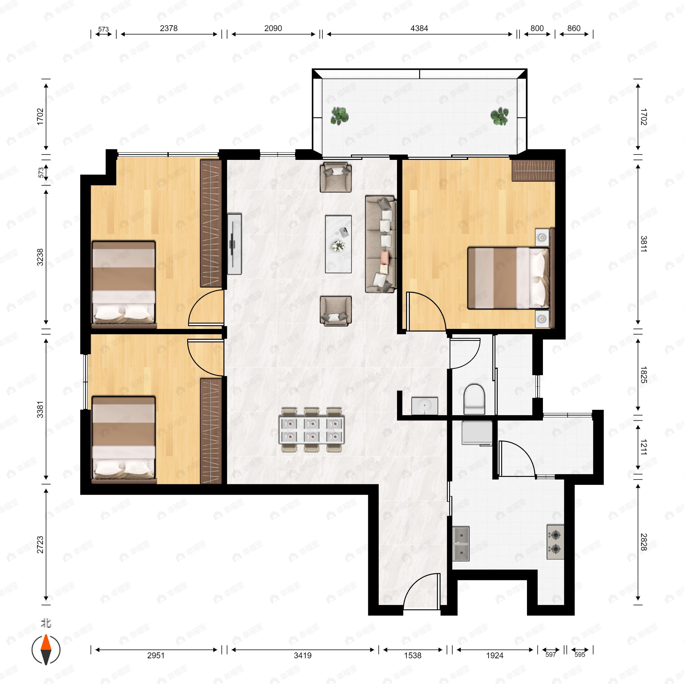 3室2厅1卫建面107平户型图