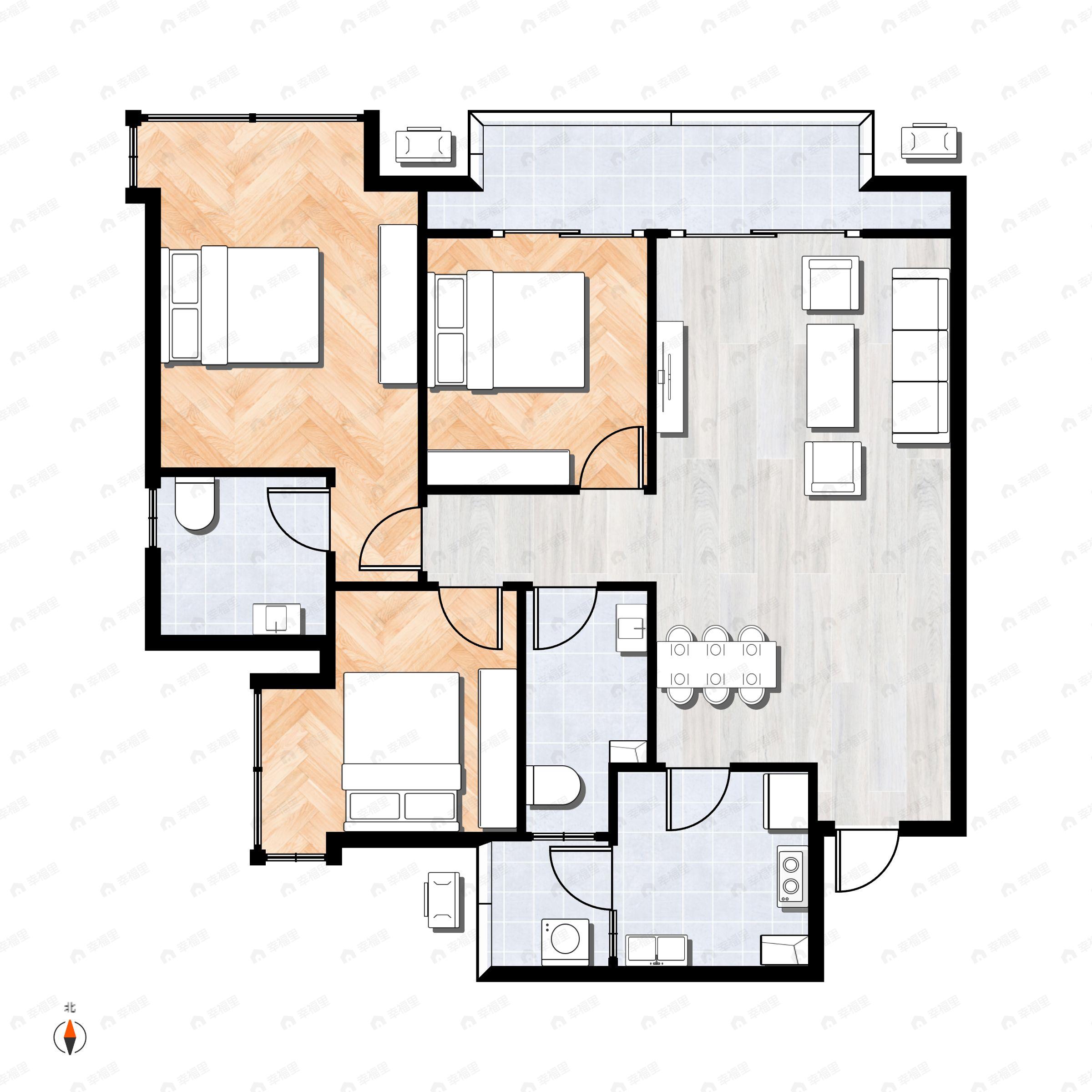 3室2厅2卫建面91m²北|南户型图