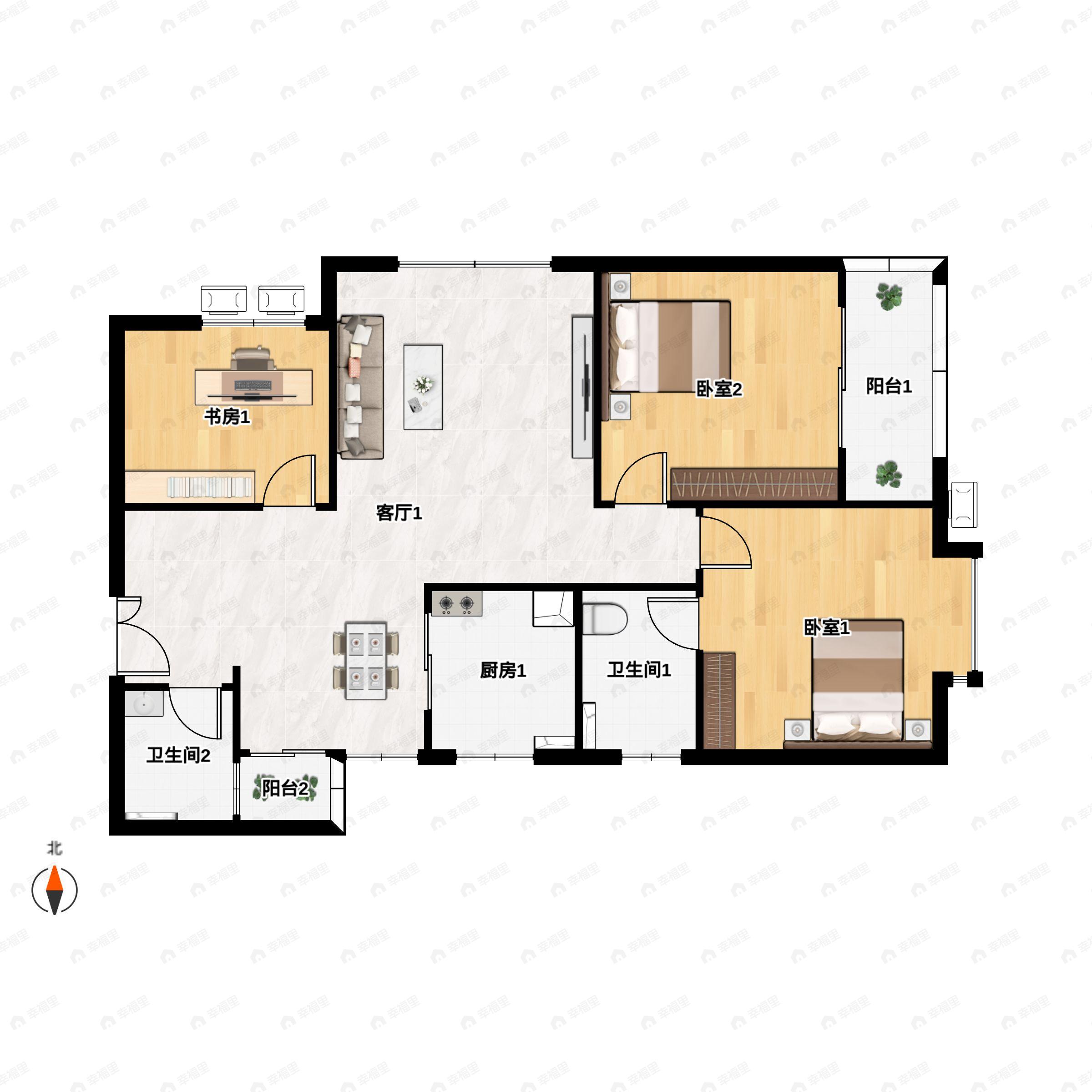 3室2厅2卫建面114平西|东户型图