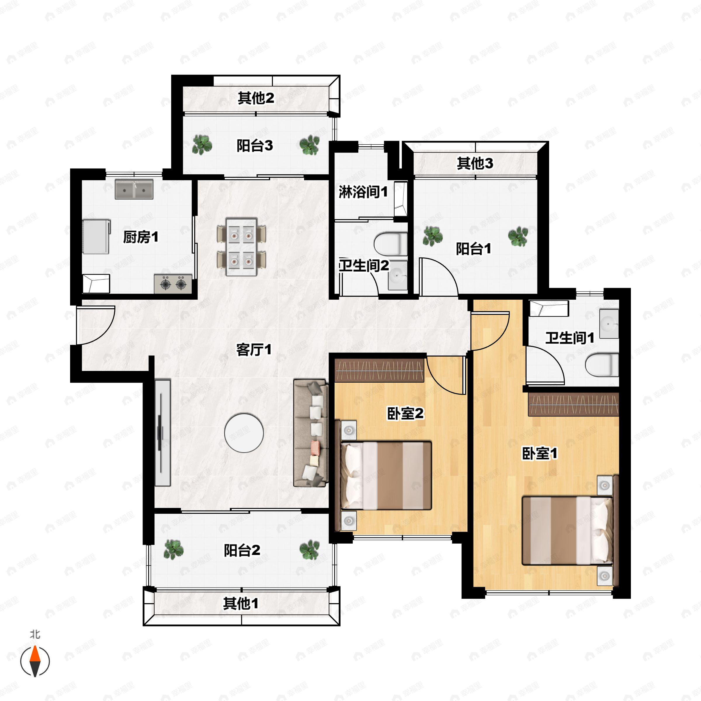 3室2厅2卫建面105平户型图