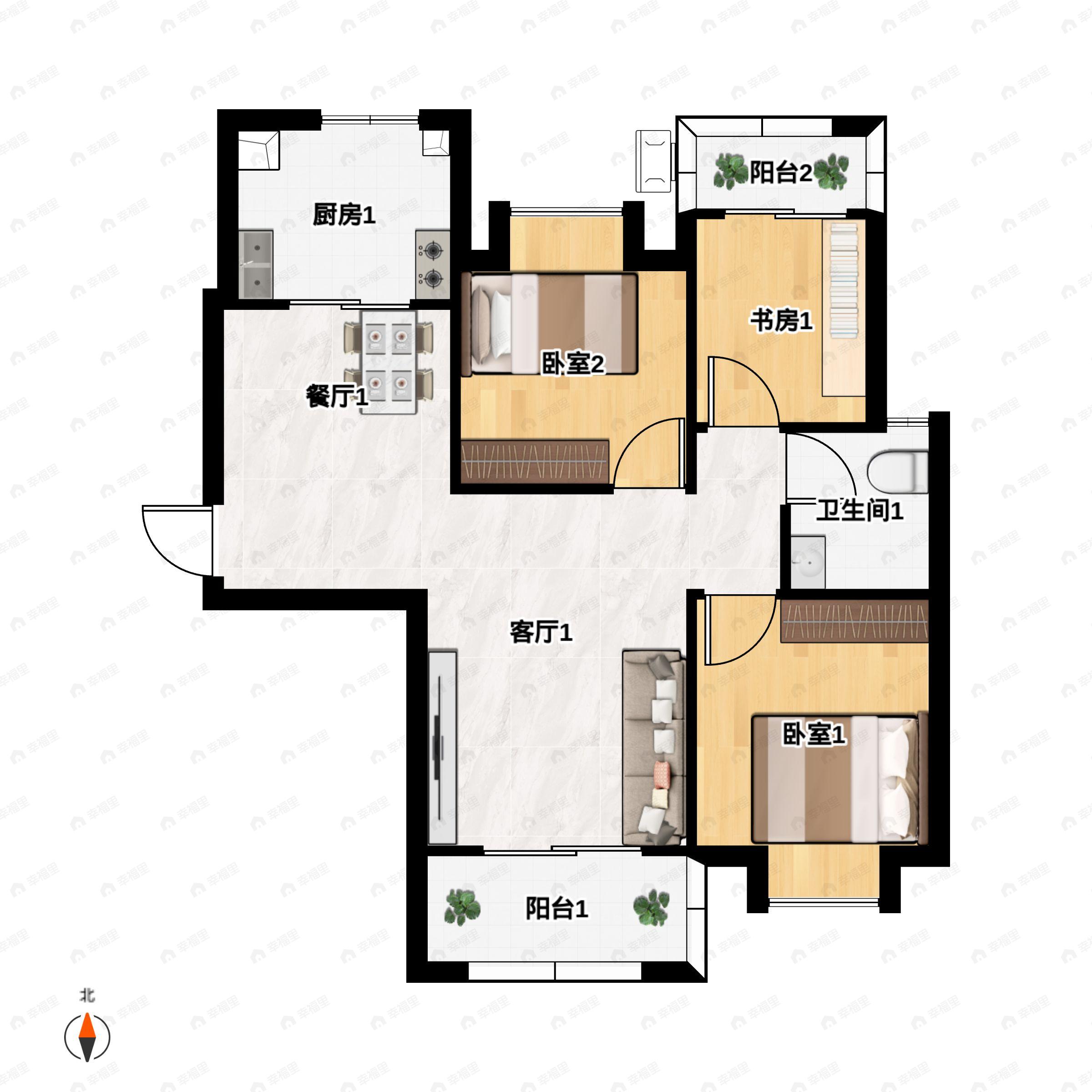 3室2厅1卫建面100平户型图