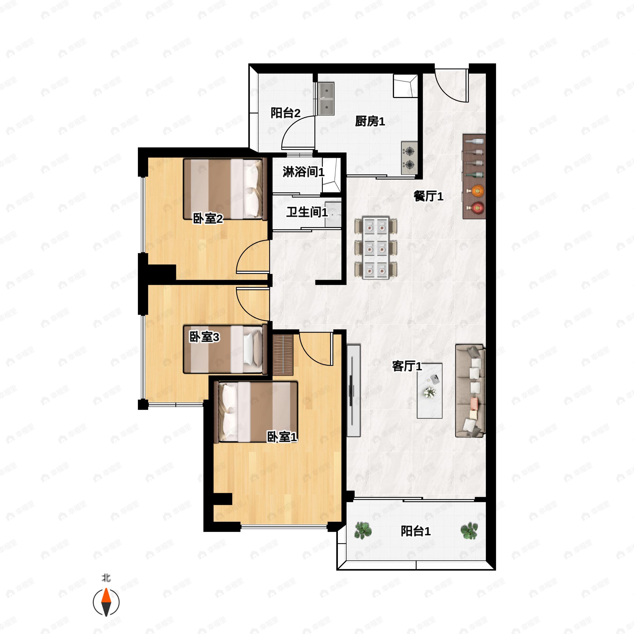 3室2厅1卫建面87m²南户型图