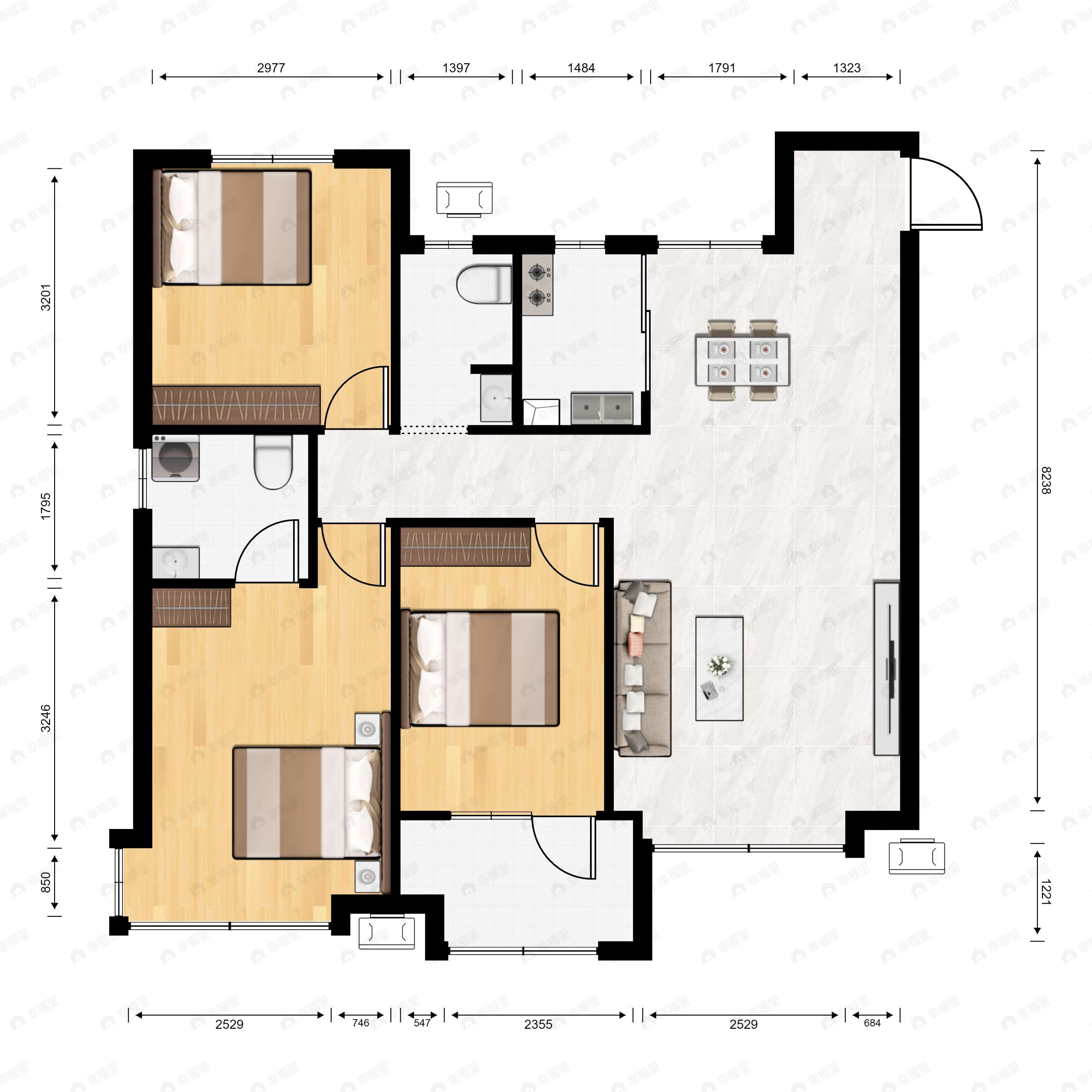3室2厅2卫建面133m²南|北户型图