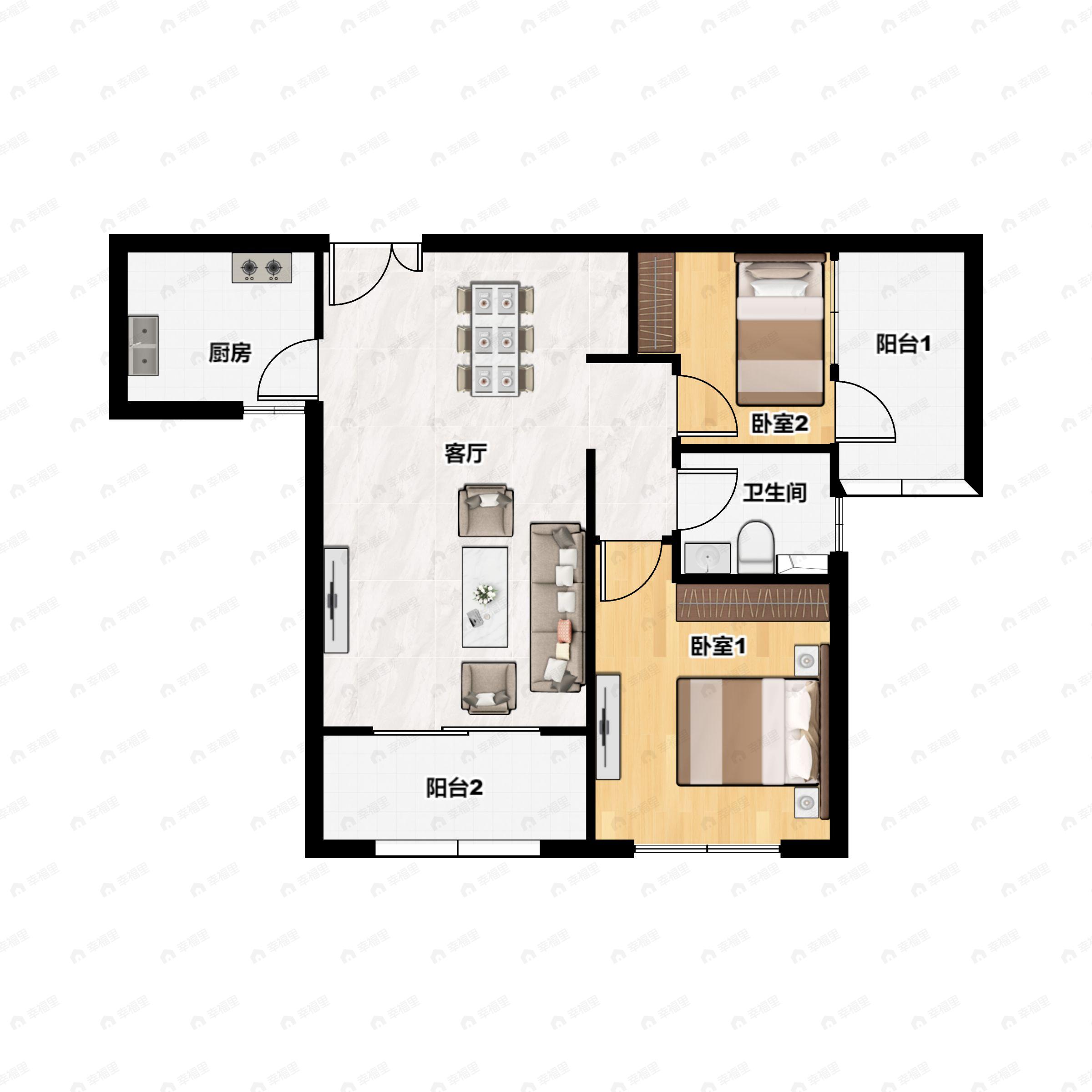 2室2厅1卫建面91m²南户型图