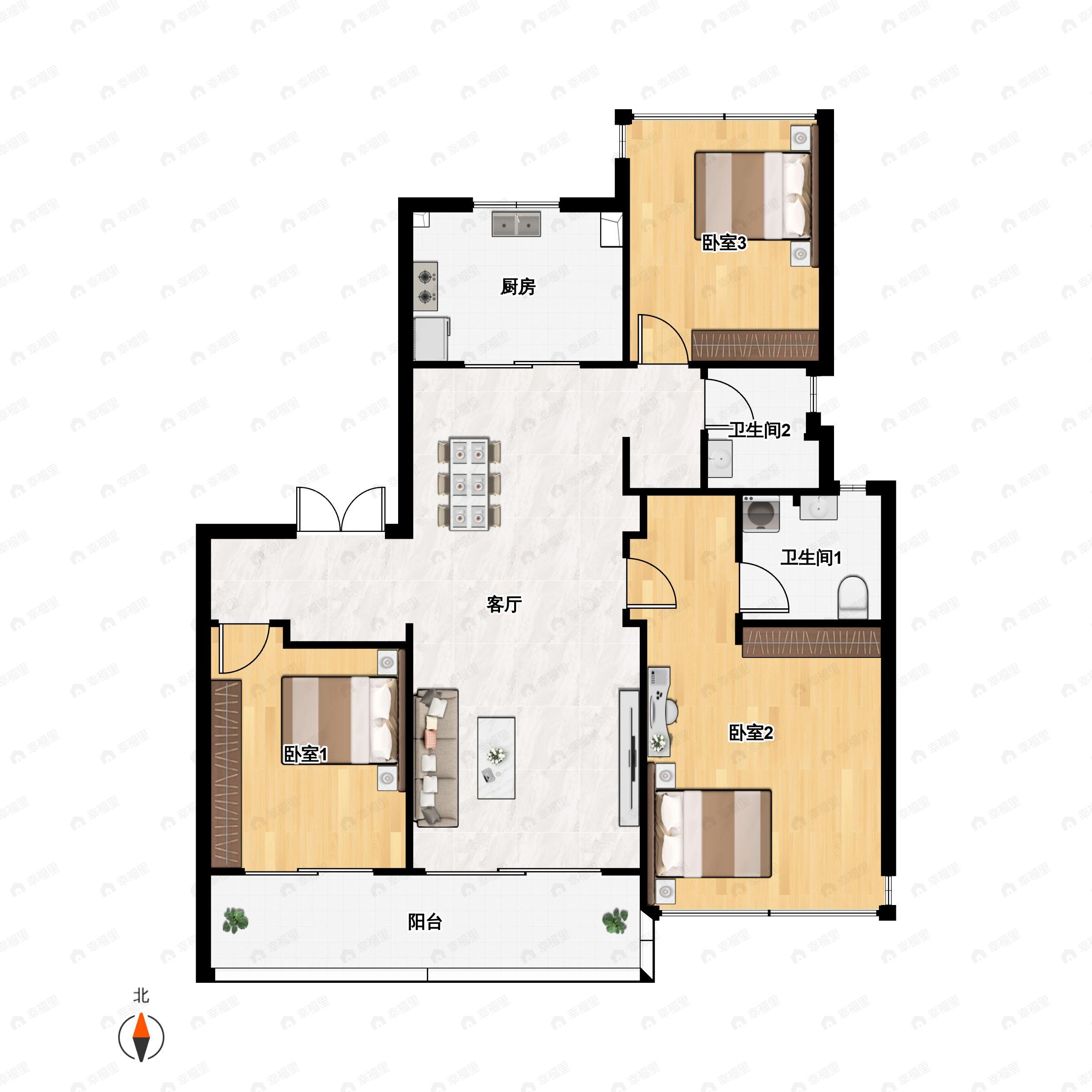 3室2厅2卫建面118m²南|北户型图