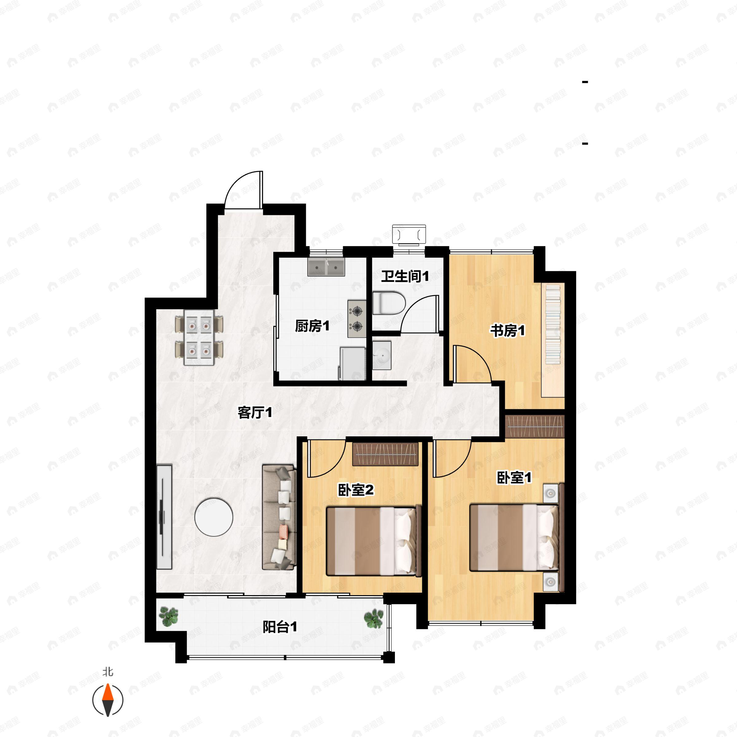 3室2厅1卫建面89m²南户型图