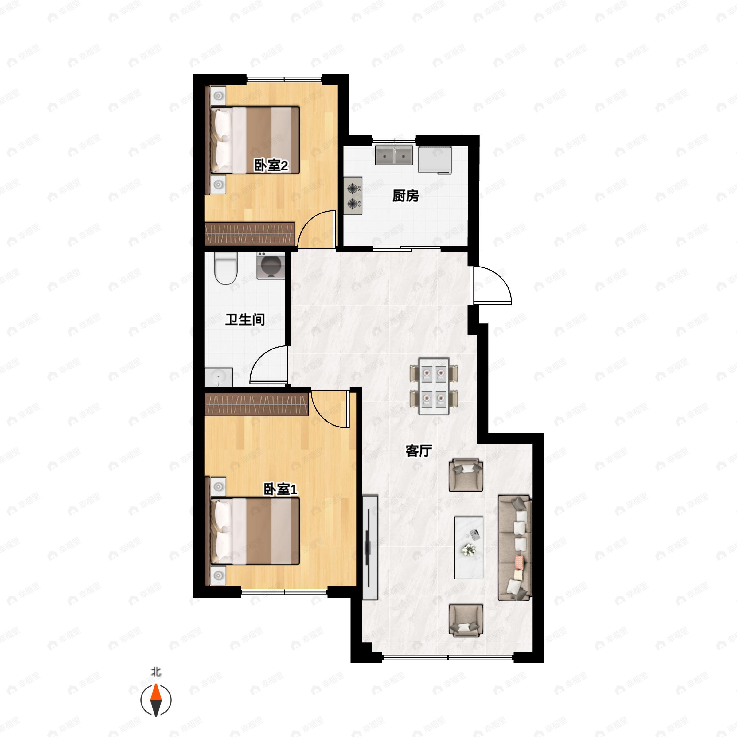 2室2厅1卫建面86平南|北户型图