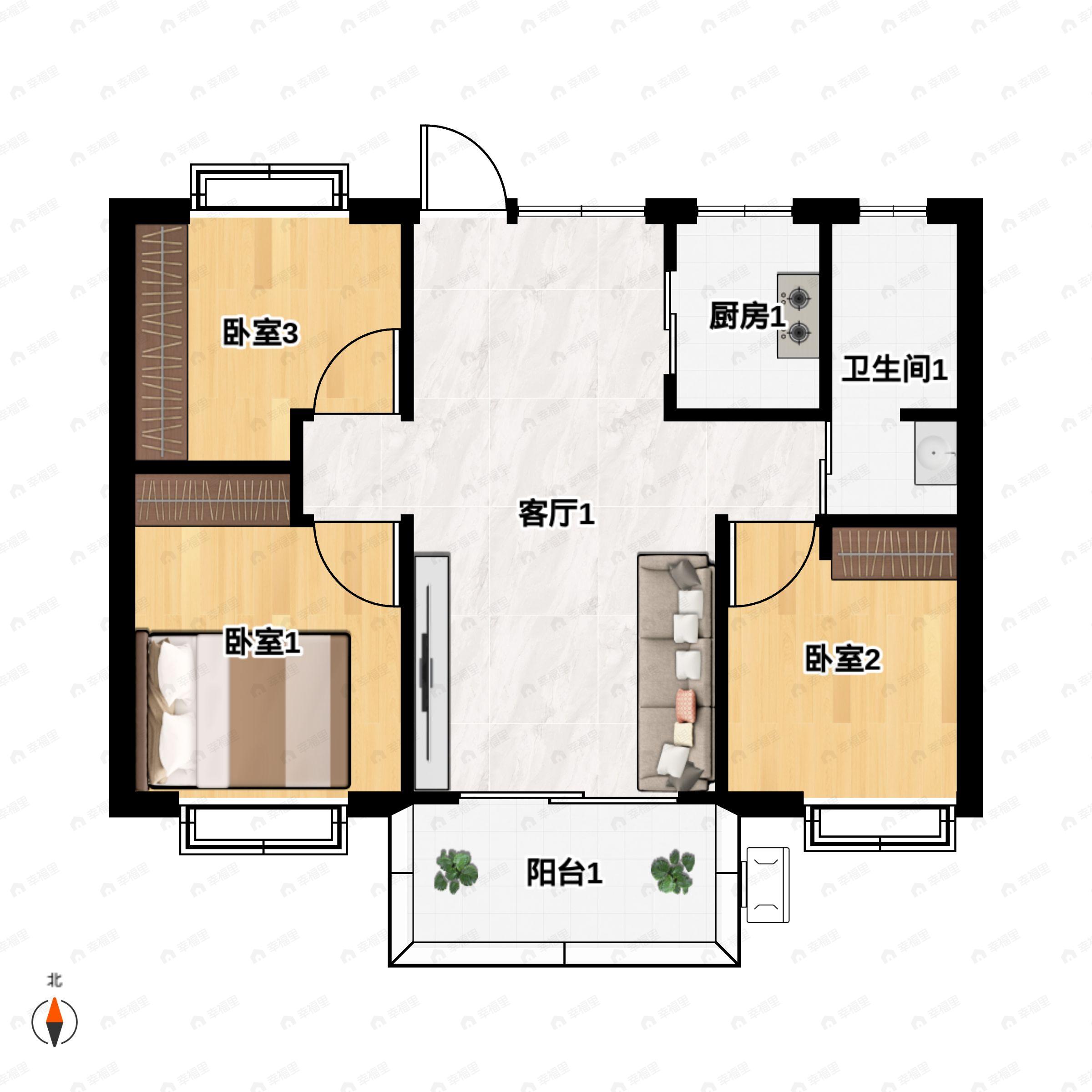 3室2厅1卫建面100m²南户型图