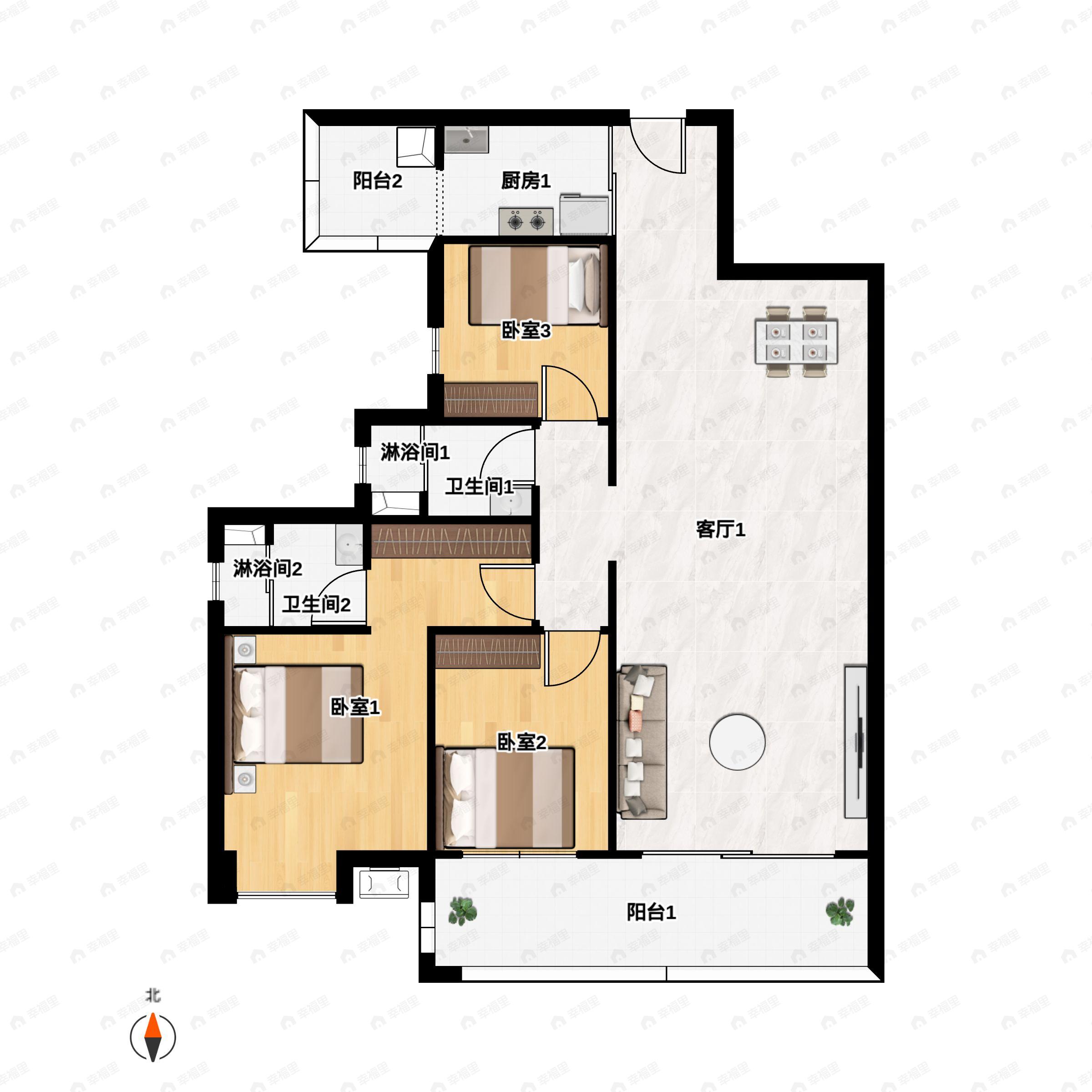 3室2厅2卫建面118m²南户型图