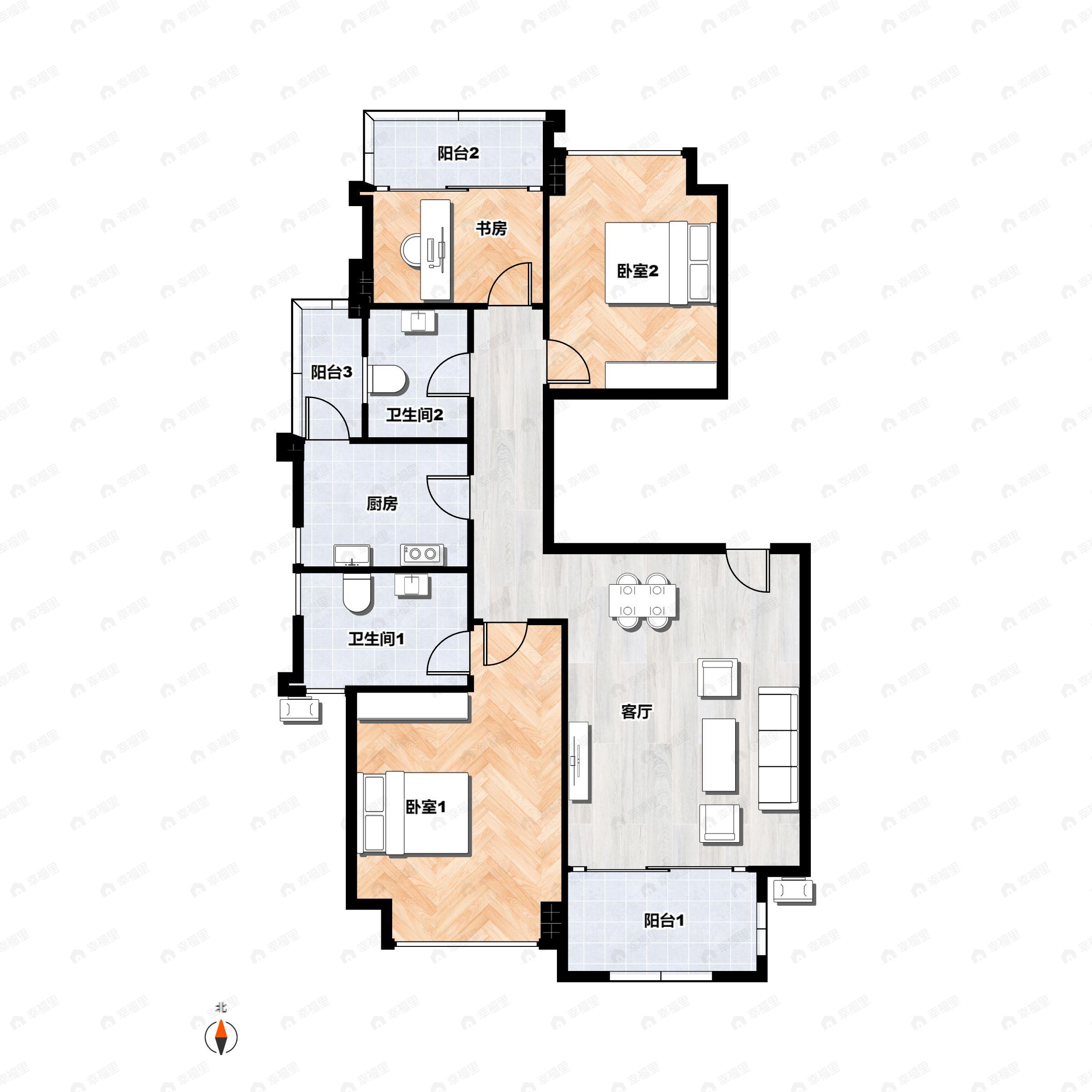 3室2厅2卫建面109m²东南户型图