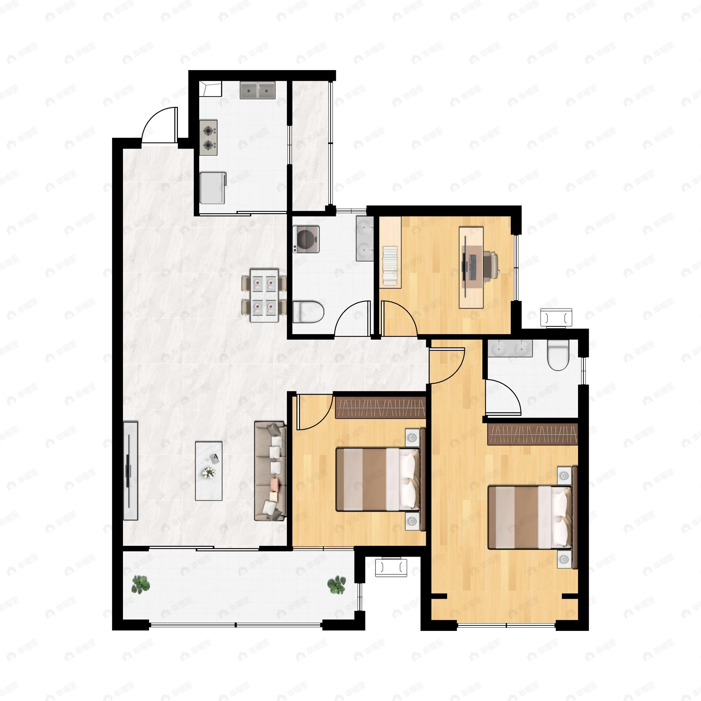3室2厅2卫建面109m²南户型图