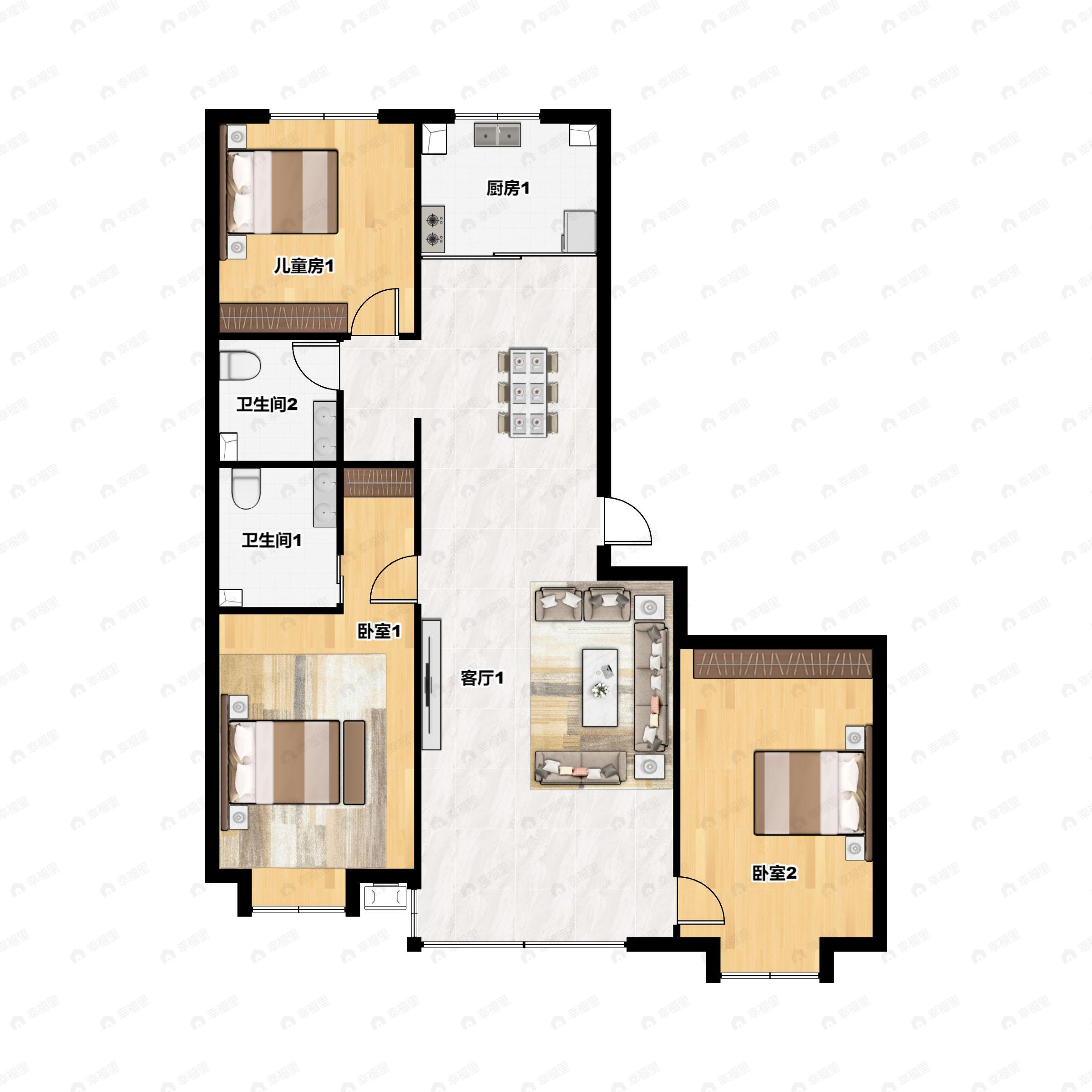 3室2厅2卫建面129m²南户型图