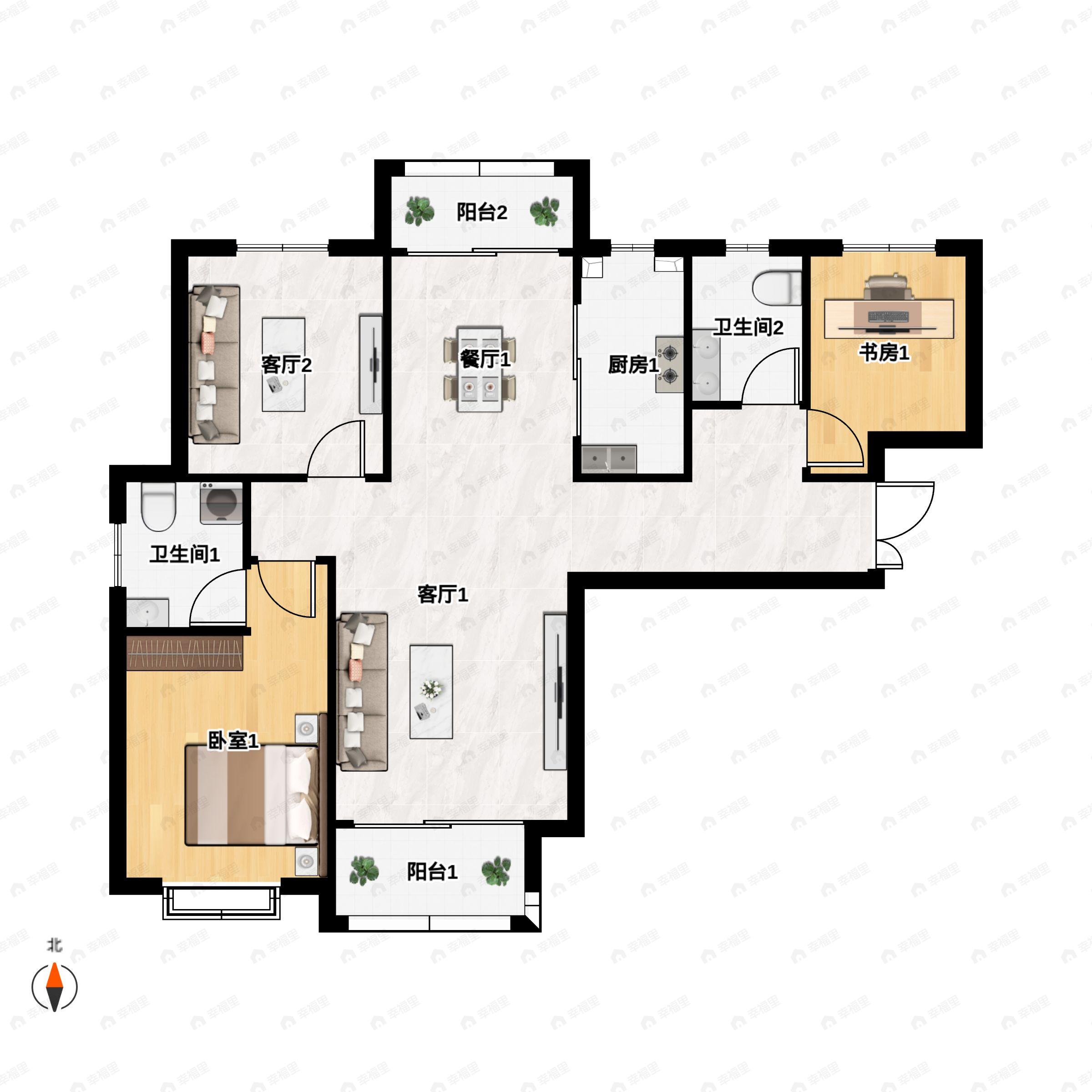 3室2厅2卫建面127平北|南户型图