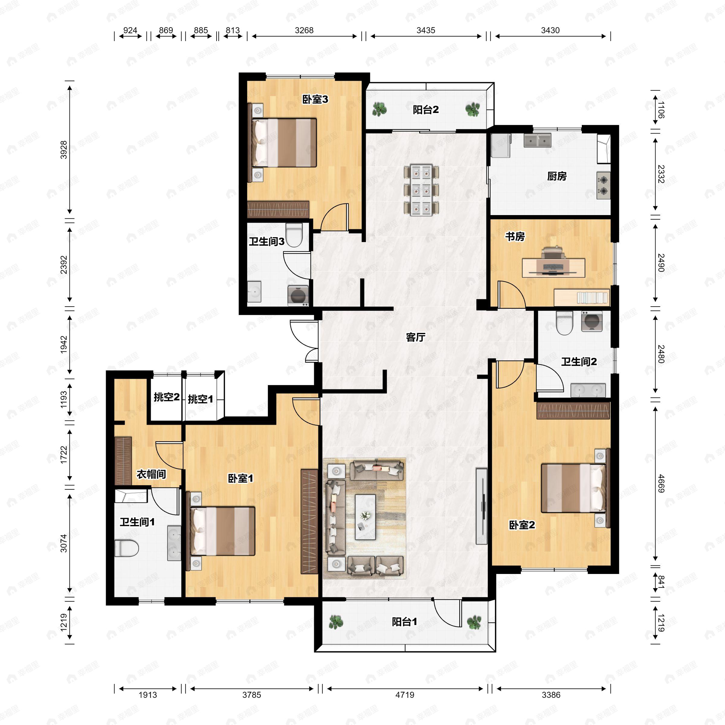 3室2厅3卫建面217平户型图