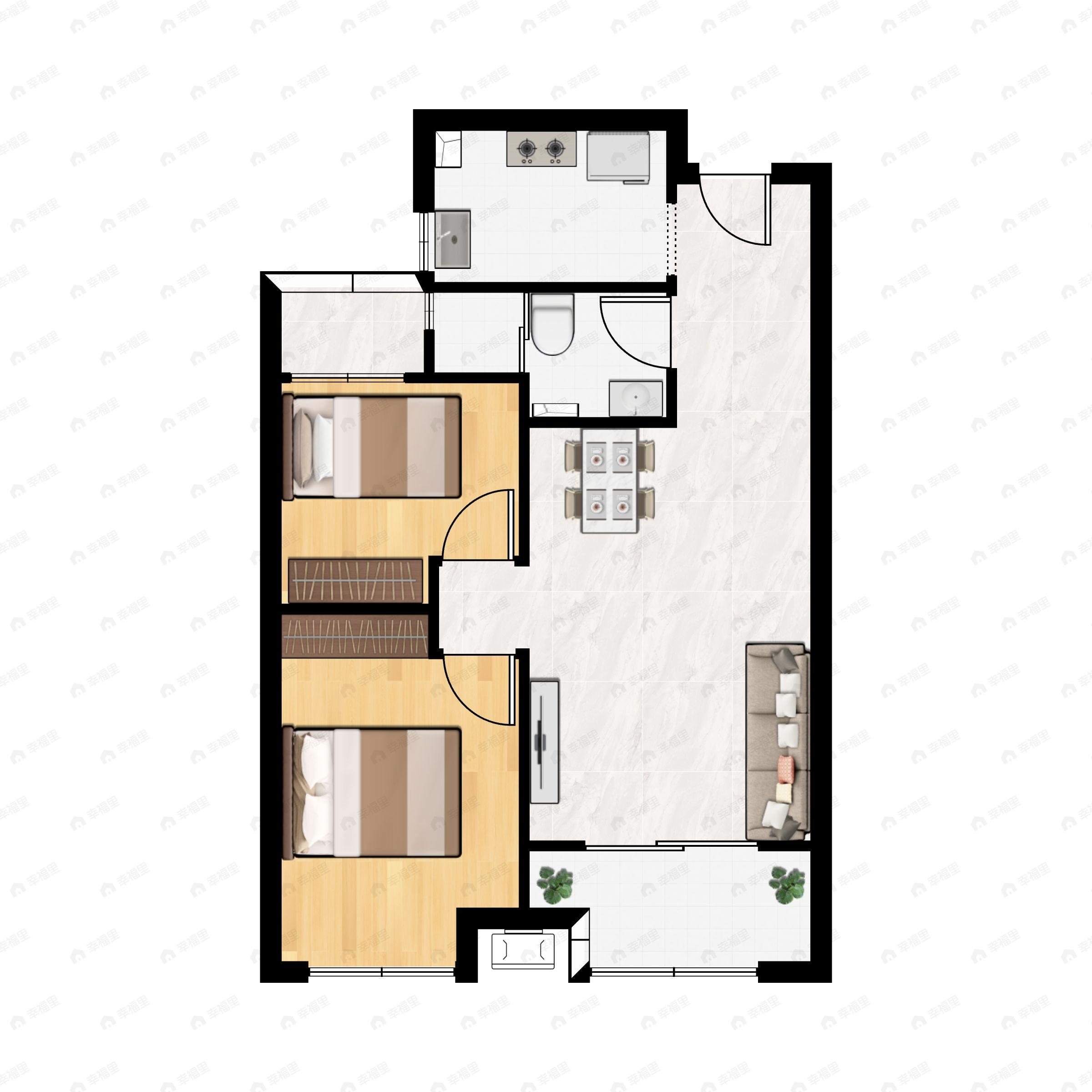 2室2厅1卫建面75m²南户型图