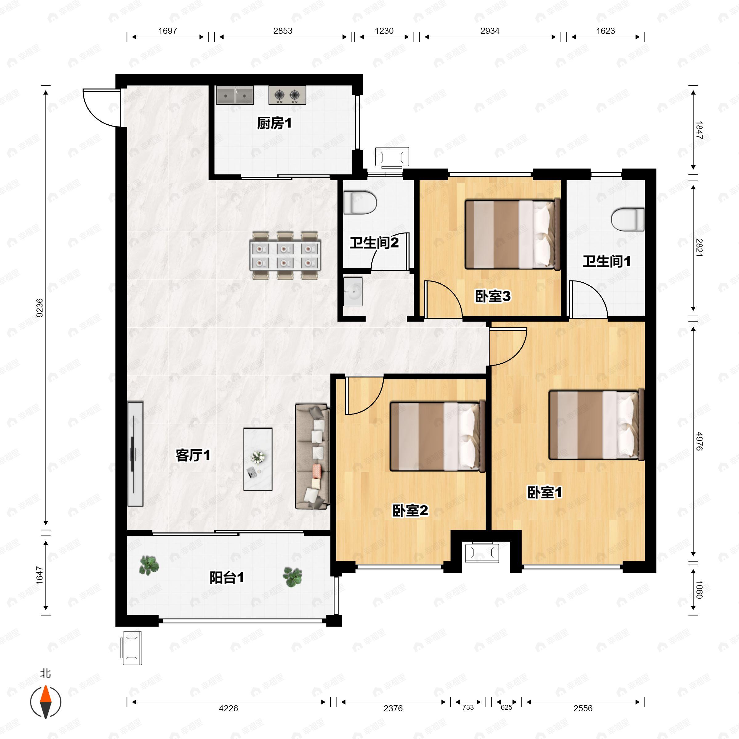 3室2厅2卫建面128平南户型图