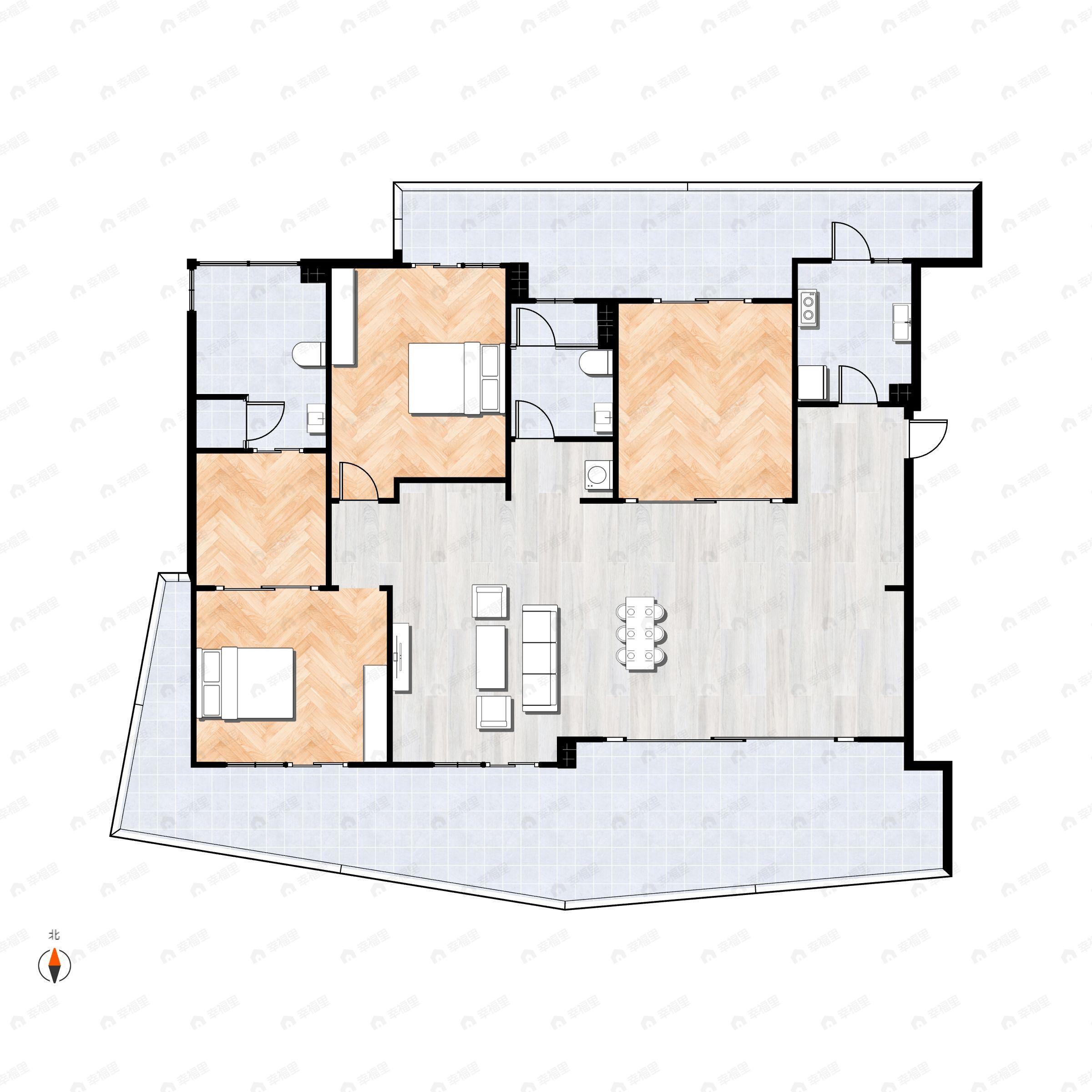 3室2厅2卫建面180m²南|西南|北|东北户型图